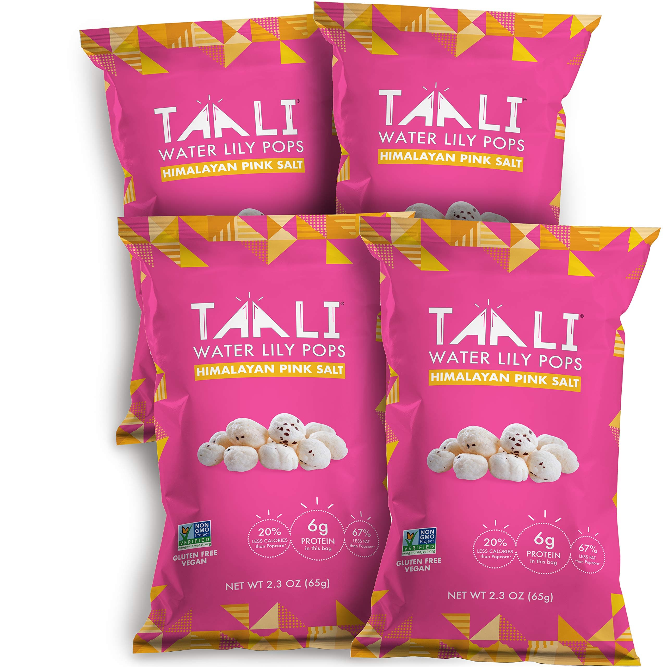 Taali Himalayan Pink Salt Water Lily Pops (4-Pack) - Roasted Fox Nuts Makhana Snack | Crunchy Indian Healthy Snacks | Protein-rich, Vegan, Gluten Free, Non GMO | 2.3 oz Multi-Serve Bags
