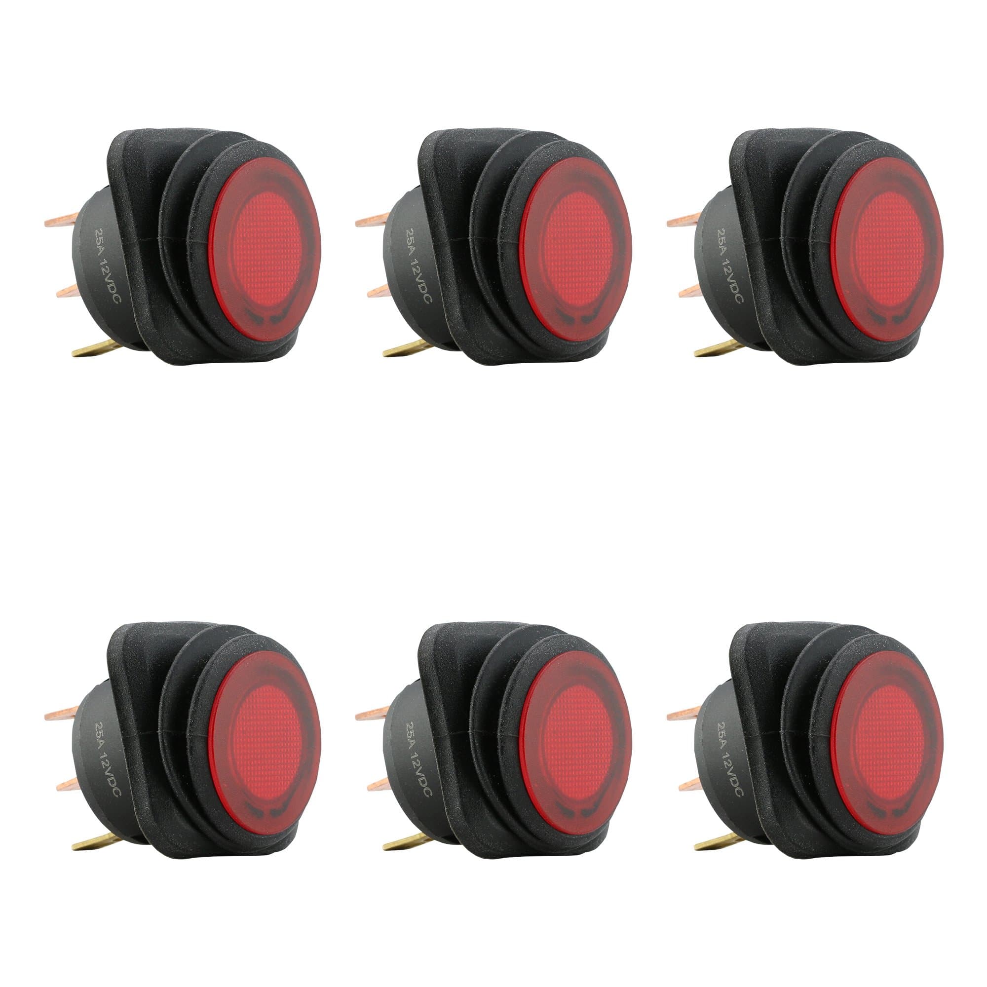 True Mods 6pc 12V DC SPST Rocker Toggle Switch [Waterproof] [25 Amp] [Red LED] Power ON/Off Switch for Automotive ATV UTV Boat