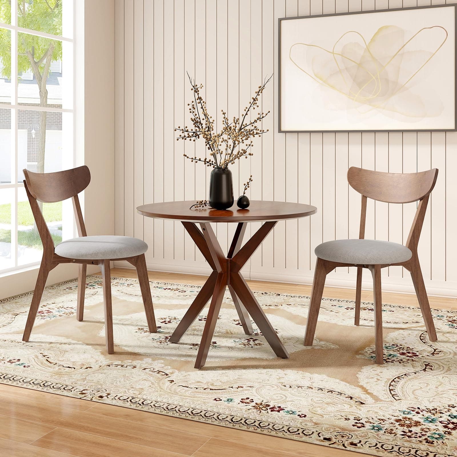 ERGOMASTER 3-Piece Dining Table Set for 2, 36" Kitchen Round Table with 2 Chairs, Rubber Wood Legs, Brown