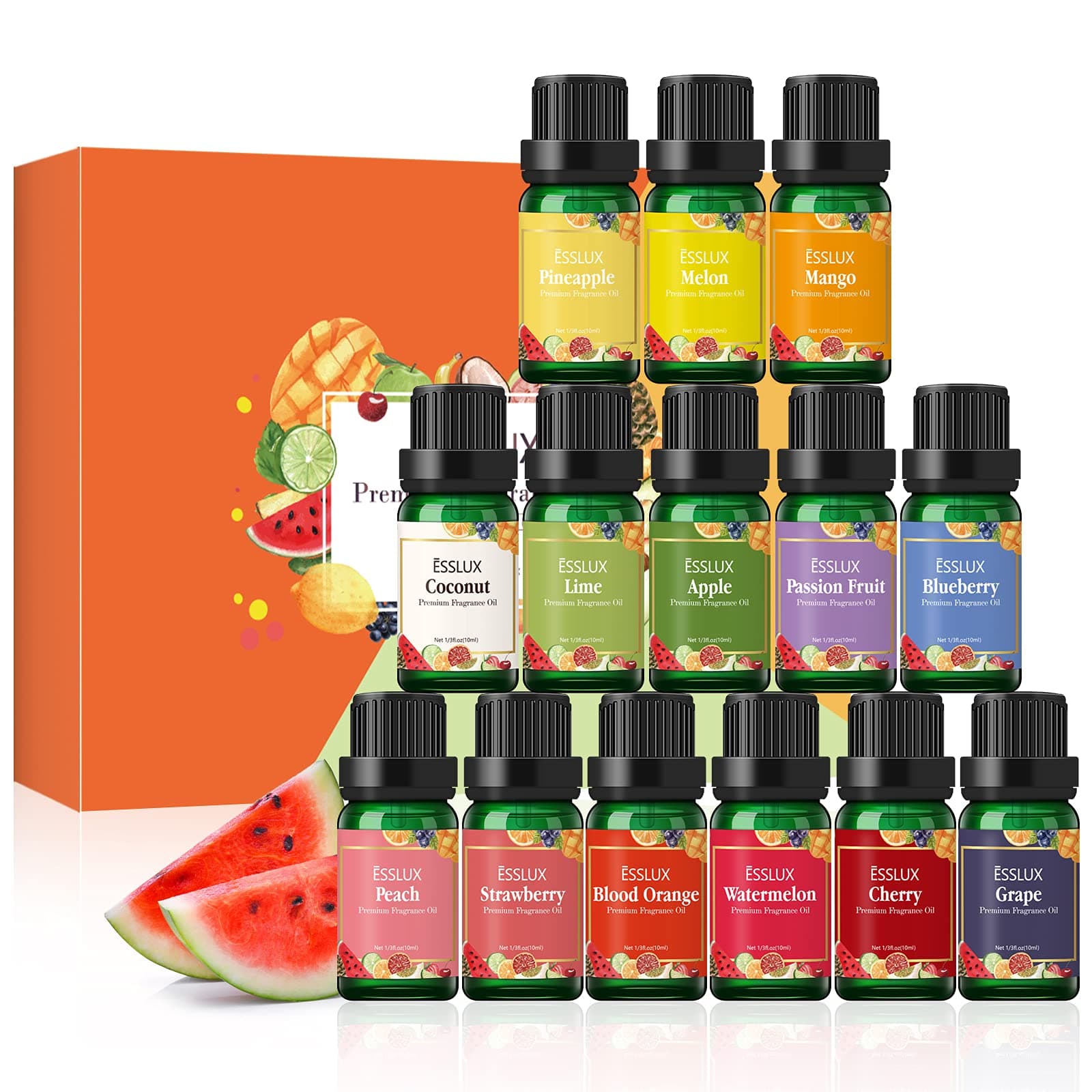 ESSLUX Fruity Fragrance Oils Set, 14 Premium Fruit Scented Oils for Diffuser, Soap Candle Making Scents, Coconut, Peach, Watermelon, Pineapple and More, Aromatherapy Essential Oils Gift Set for Home