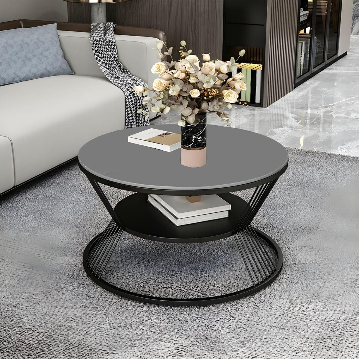 DDS Dream Decor Shoppee Coffee Table Two Tier Sofa Side Table Round Coffee Table Metal Frame Center Table Tea Table Coffee Table for Center Room Dining Home & Living Room Decor (Grey Black)
