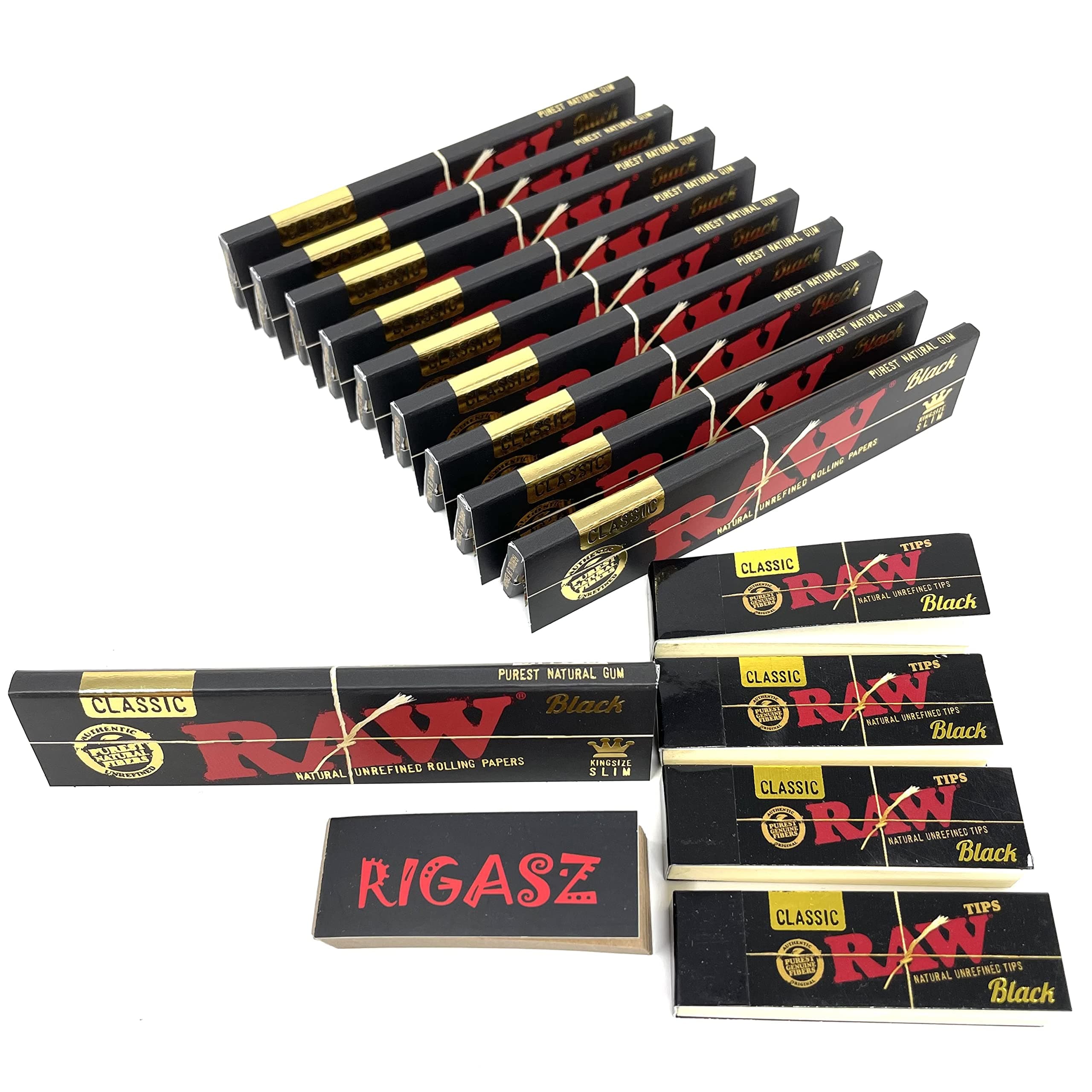Rigasz Tips and 10 pack Raw Classic Black King Size Slim Papers 4 Black Tips