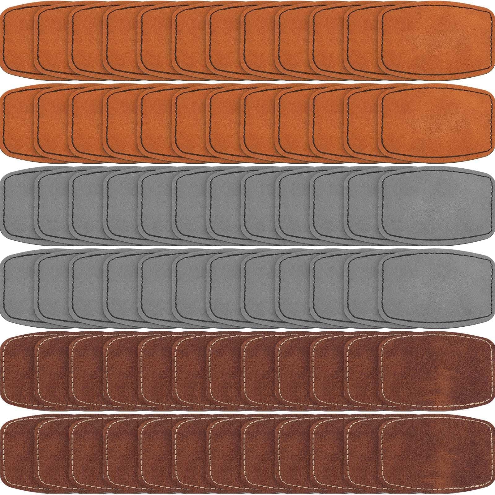 Dunzy 60 Pcs Blank Leatherette Hat Patches with Adhesive Rustic Rounded Rectangle Patch Faux Leather Patches for Hats Costumes Fabric Repair Sew Laser Supplies(Khaki, Gray, Brown,2x3inch)