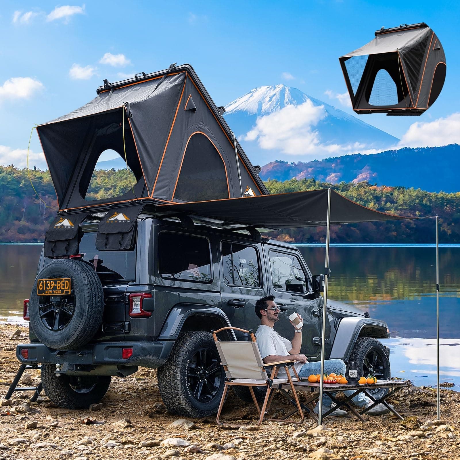 Explorer Pro Rooftop Tent Hard Shell with USB Outlet, Side Awning, Replaceable Netting Curtain&Luggage Racks for 4 Season Camping, Aluminum Pop Up 2-3 Person Roof Top Tent for Truck Jeep SUV Van