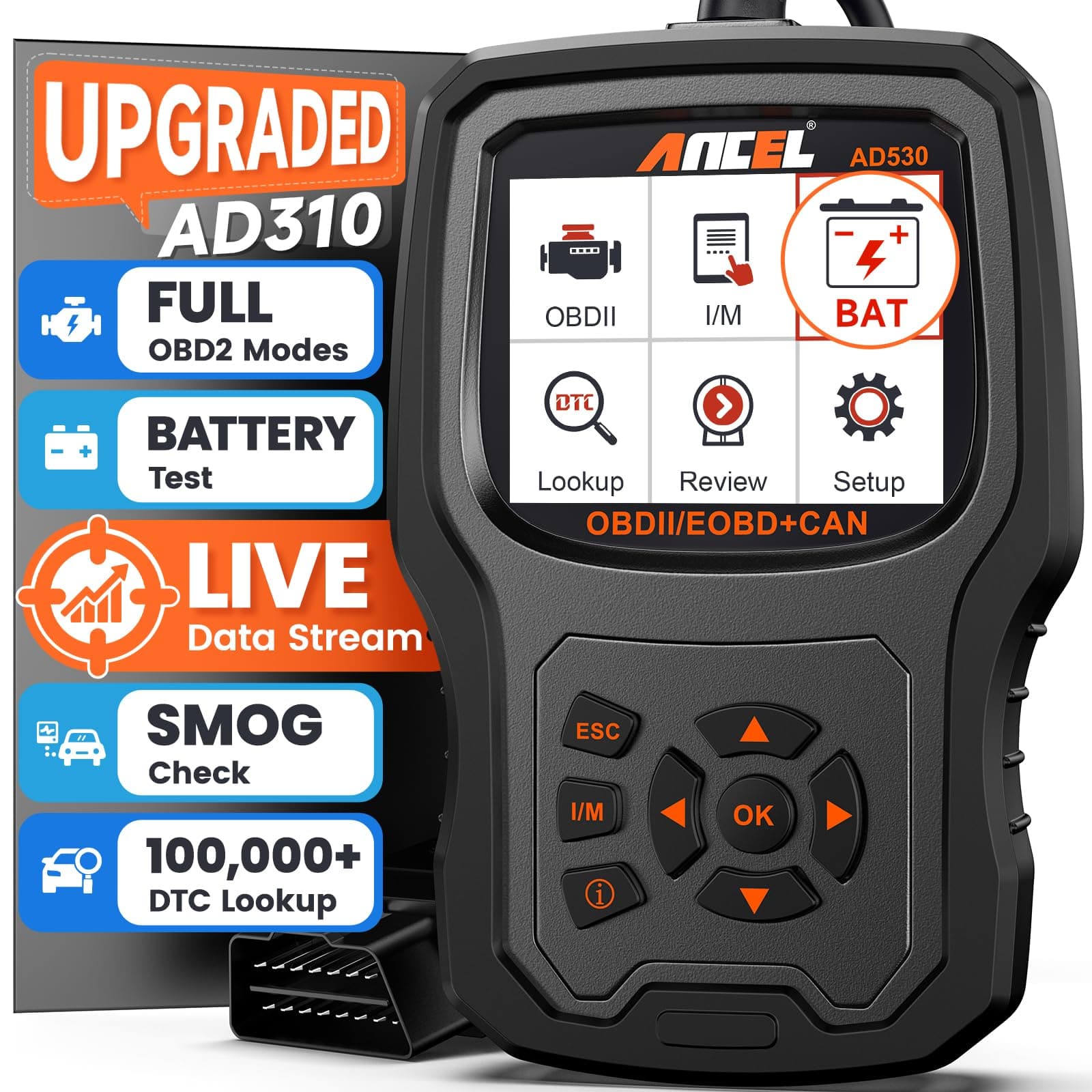 AD530 OBD2 Scanner Diagnostic Tool, Universal Check Engine Code Reader with Live Data, Car Diagnostic Tool with Upgraded Battery Tester & All OBD2 Functions for 1996+ Cars, Upgraded AD310