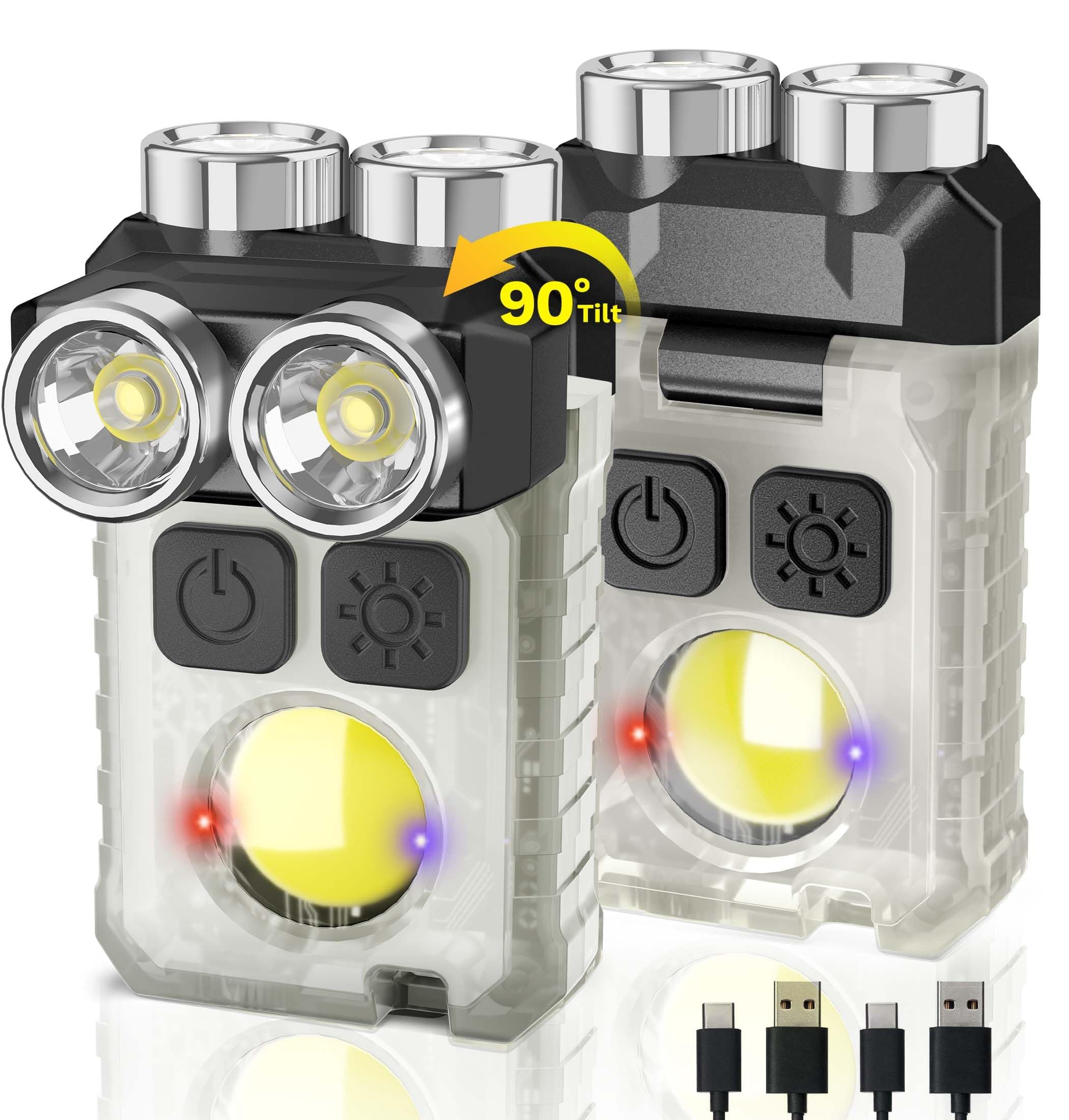 CLAKAP Rechargeable EDC Flashlight, 2Pack 1200LM Keychain Flashlight with COB Floodlight, 11 Modes Magnetic Small Flashlight 90°Head Swivels Portable Mini Pocket Light with Clip for Camping, Outdoor