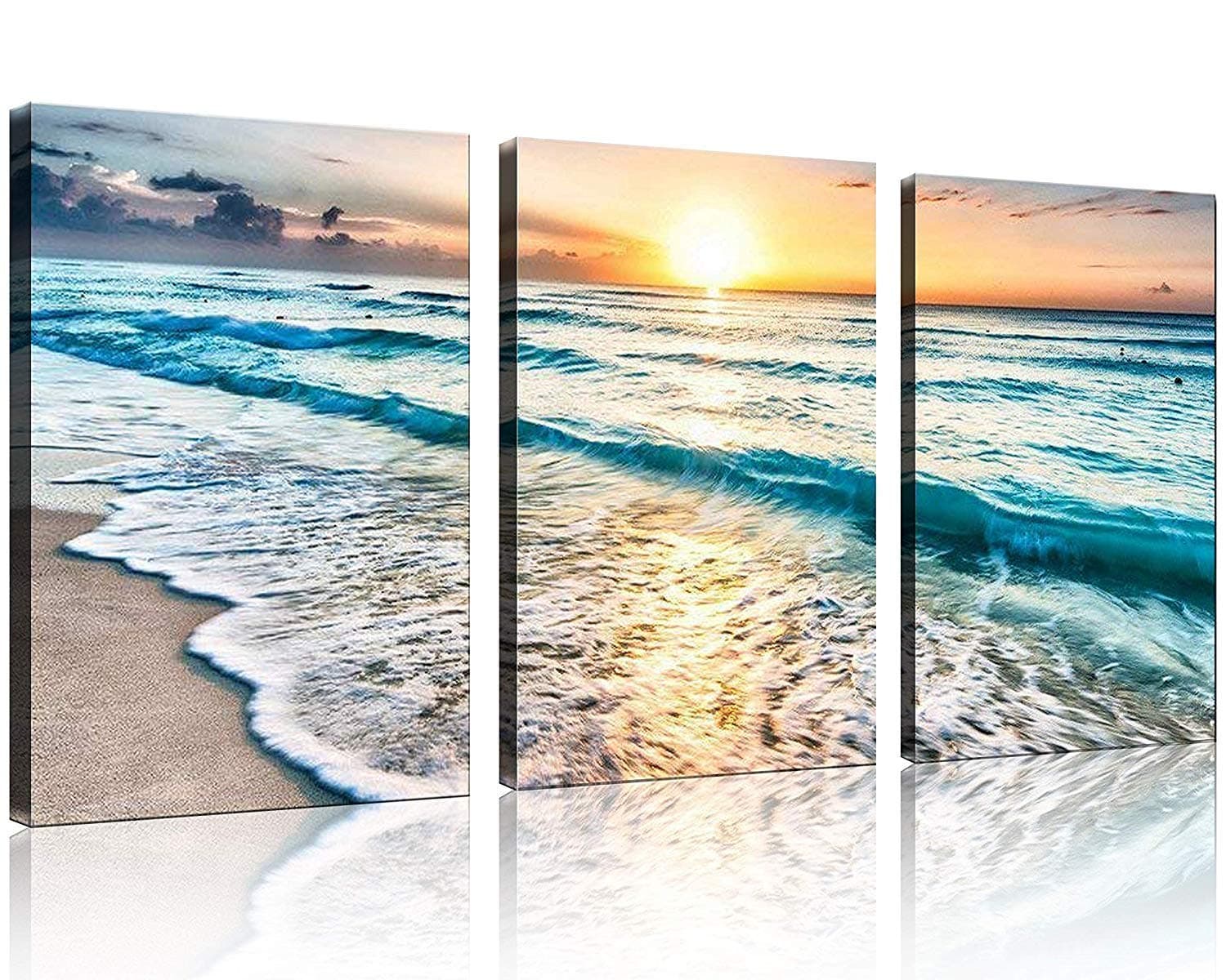 3 Panel Canvas Wall Art for Home Decor Blue Sea Sunset White Beach Painting The Picture Print On Canvas Seascape The Pictures for Home Decor Decoration,Ready to Hang