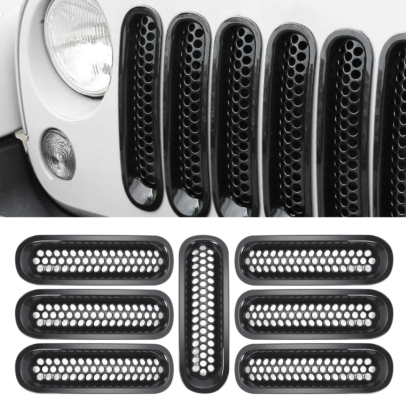 RT-TCZ Upgrade Version Clip-on Grille Front Mesh Grille Inserts For Jeep Wrangler 2007-2015 (Black)