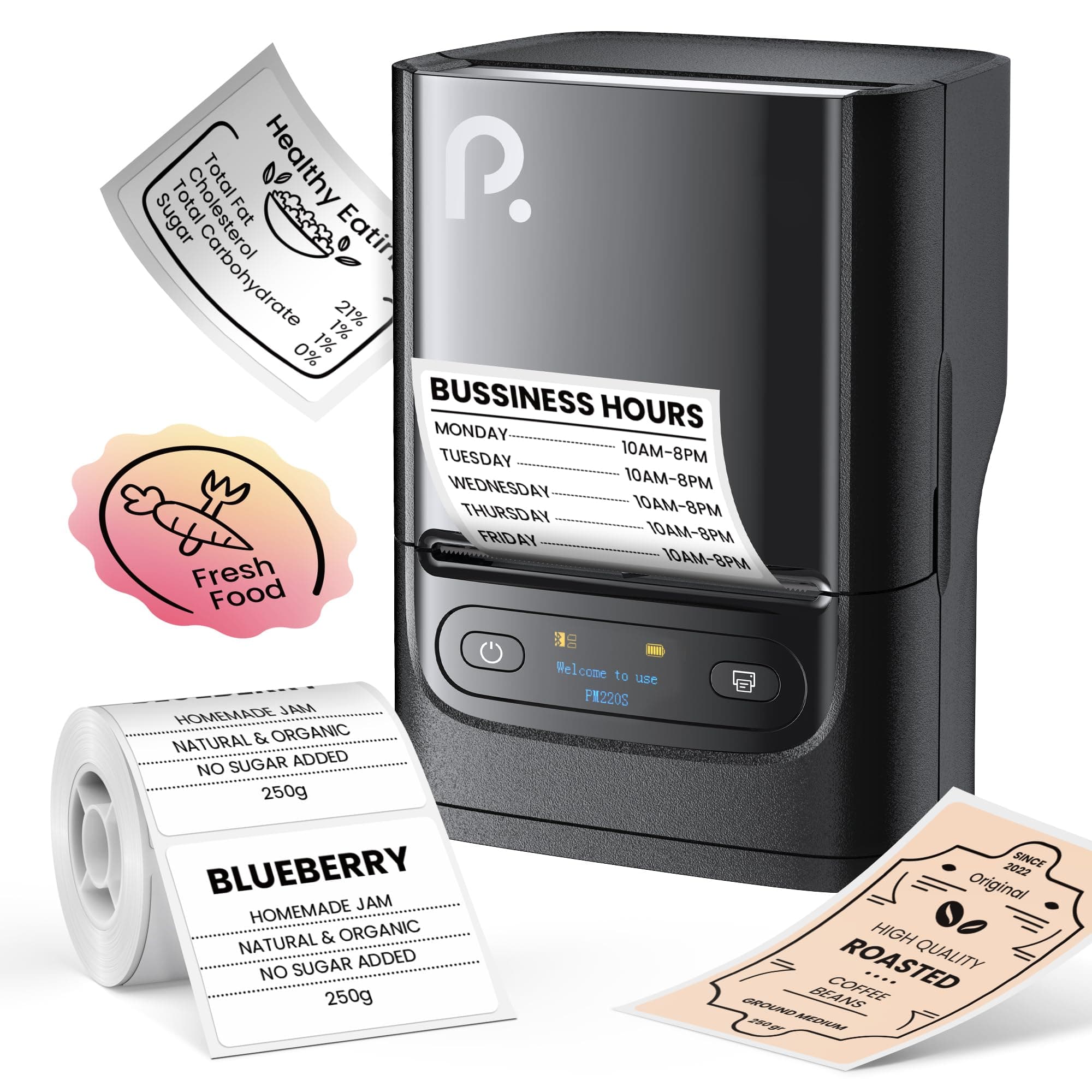 POLONO PM220S Label Maker Machine with Tape, 2 Inch Bluethooth Portable Thermal Label Printer for Small Business, Office, Home, Address, Logo Label, Sticker Printer for Phone/Tablet/PC, Black