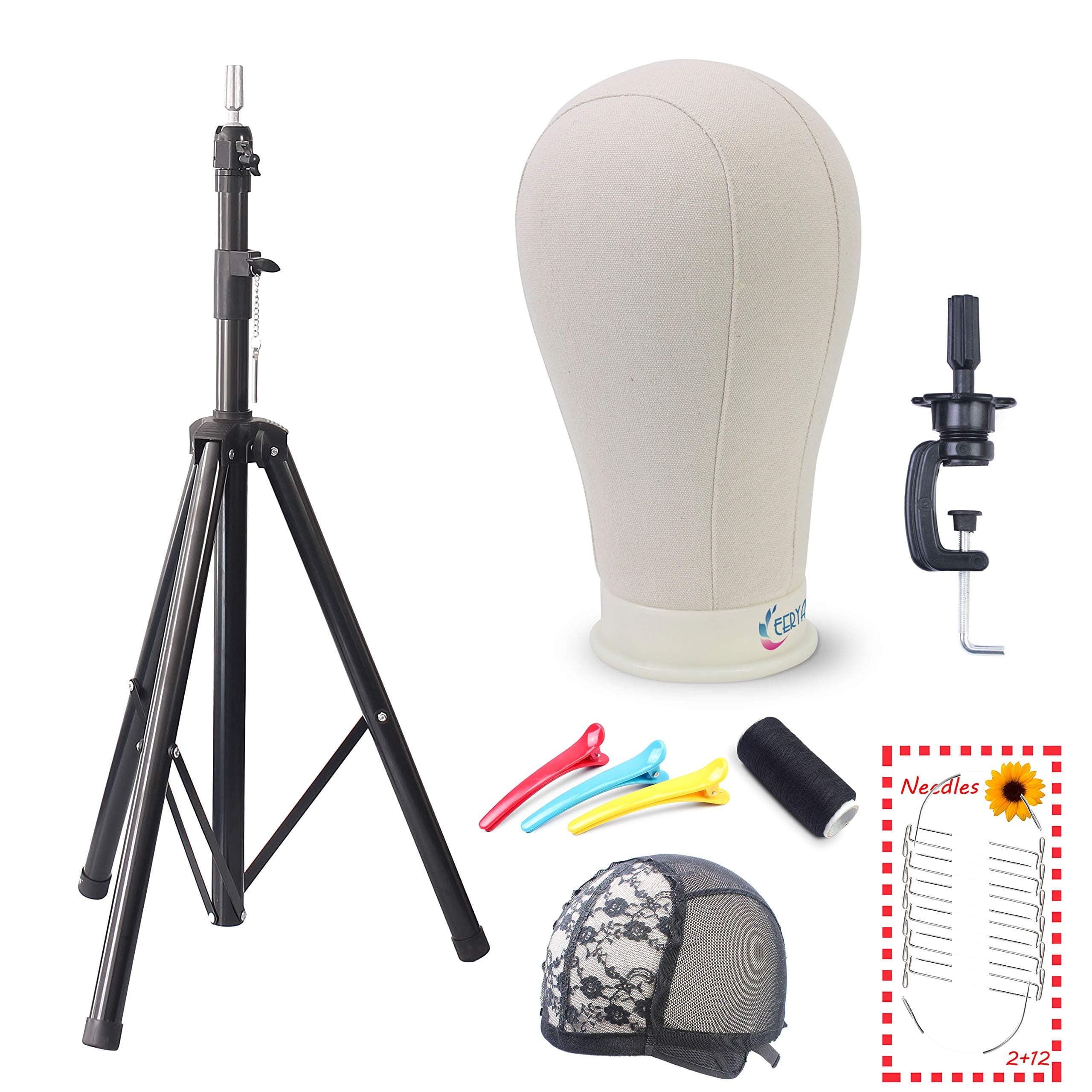 EERYA22.5 Inch Wig Head Canvas Block Head with Tripod Stand Set Wig Head Stand for Making Wigs Display Styling Mannequin Head with Wig Stand Manikin Head Wig Stand