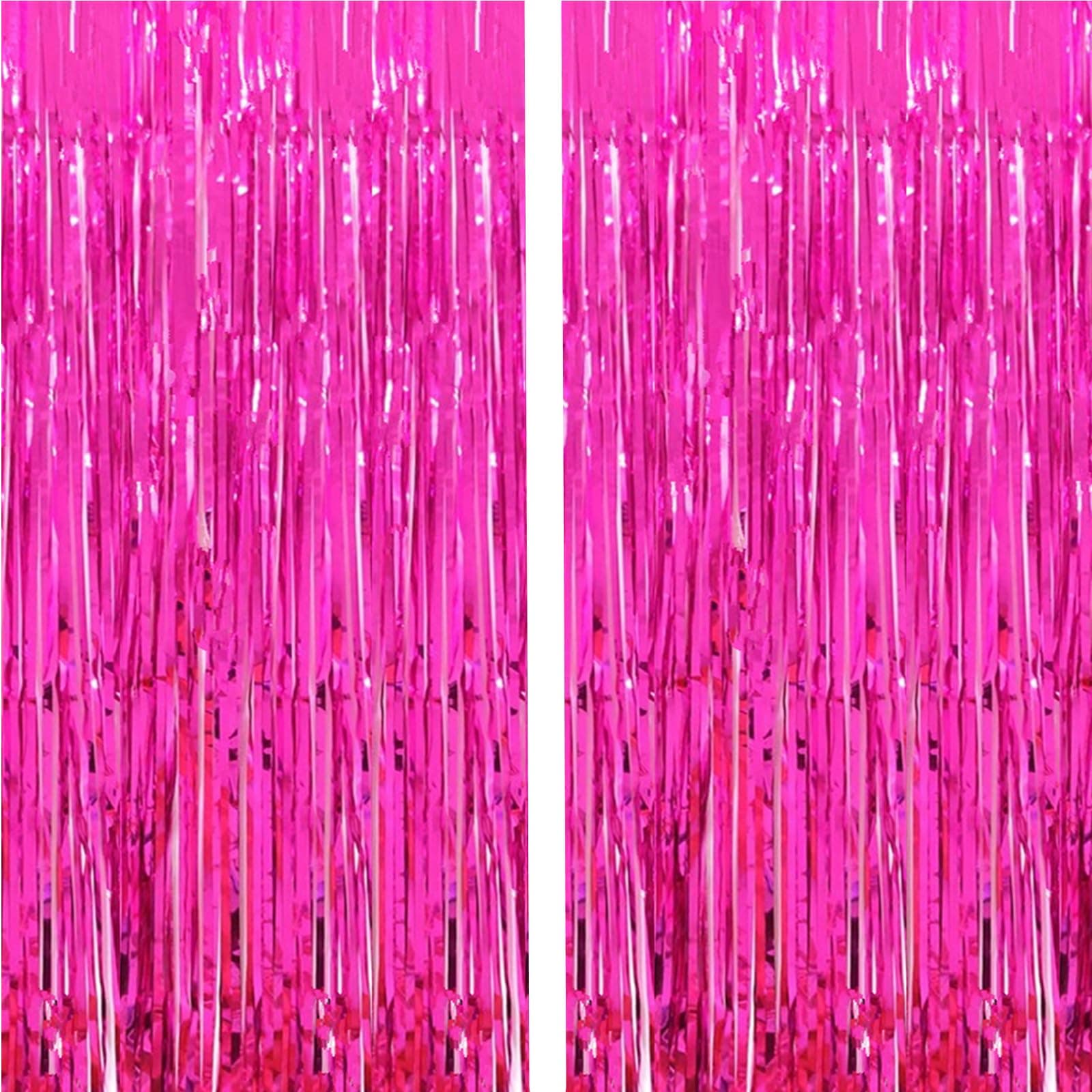 2 Pcs 3.2ft x 8.2ft Shiny Hot Pink Metallic Tinsel Foil Fringe Curtains Photo Booth Backdrop for Birthday Wedding Holiday Celebration Bachelorette Party Decorations