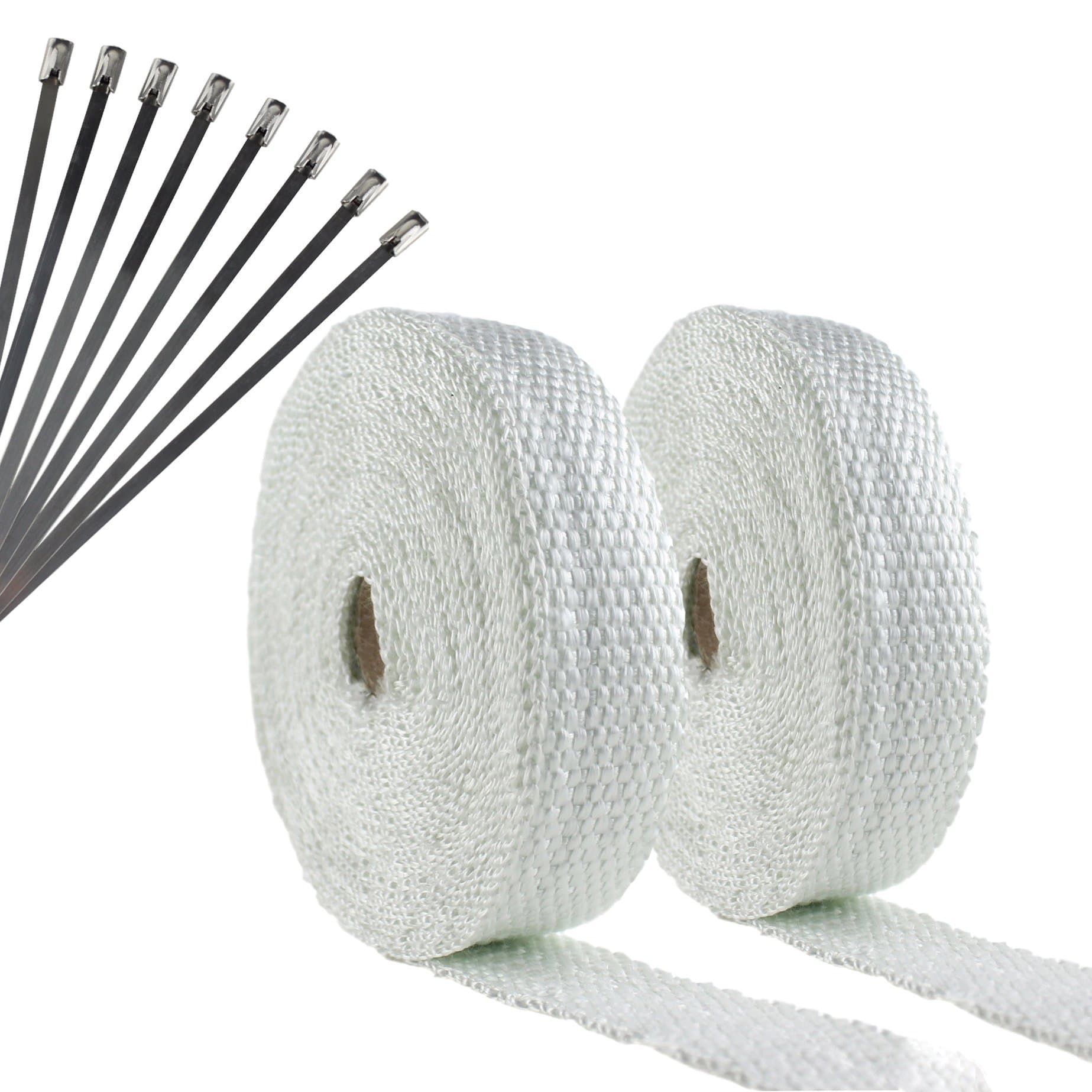 JC Performance Two Roll Pack - Fiberglass Exhaust Header & Pipe Wrap (1"(W) 25 Feet With Ties, White)