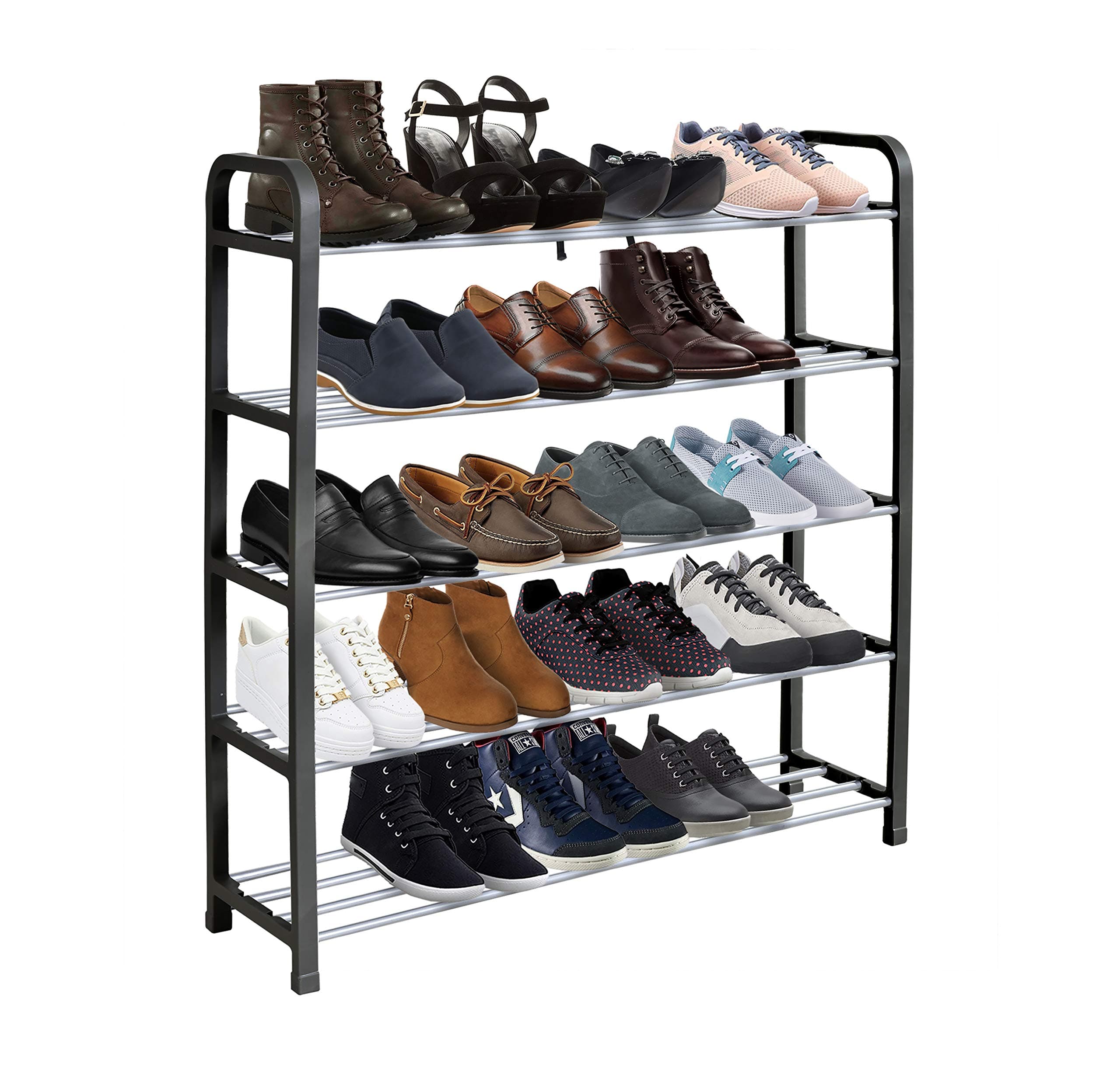 KEPLIN 5 Tier Shoe Slots Rack - Space Saving Shoe Storage Organiser with Quick, Tool-Free Assembly - Shoe Slots Holds 15-20 Pairs - Dimensions (L) 75.5cm x (W) 18.5cm x (H) 75.5cm - Black