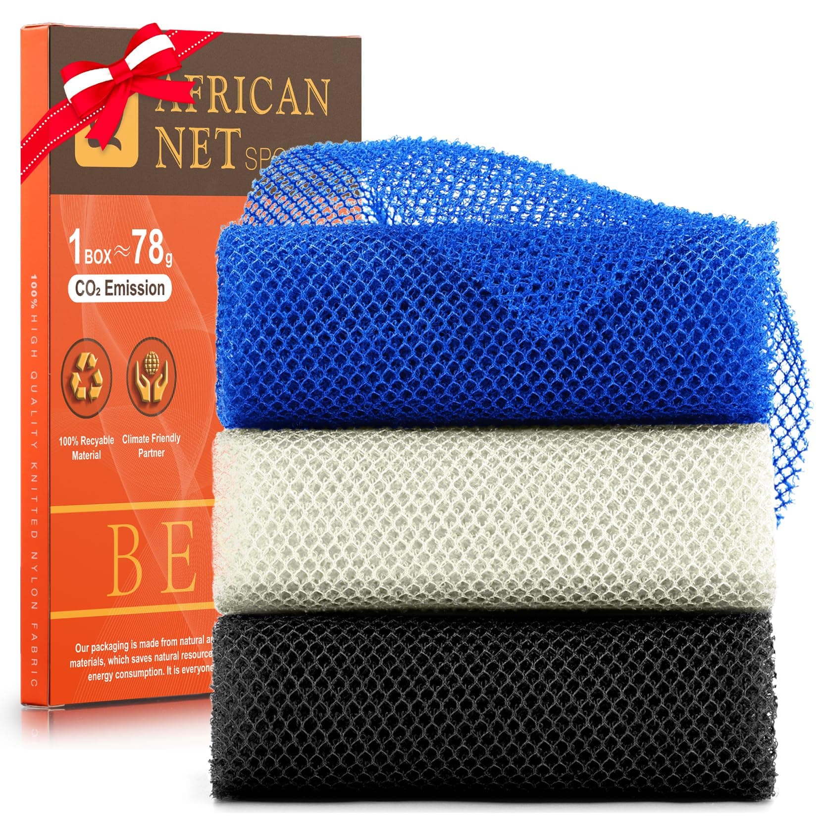 3 Pieces African Bath Sponge African Net Long Net Bath Sponge Exfoliating Shower Body Scrubber Back Scrubber Skin Smoother,Great for Daily Use(Blue,Black,Off-White)