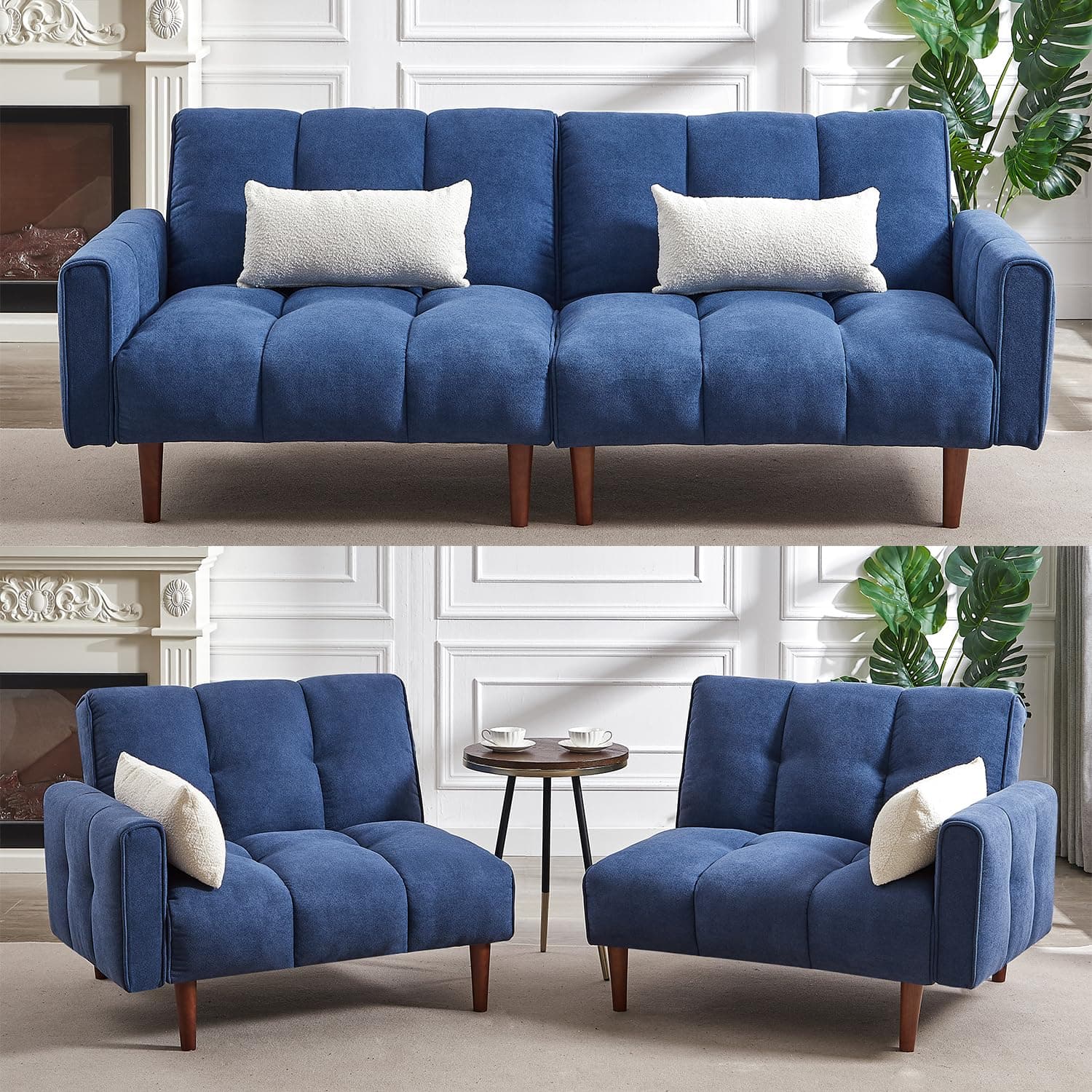 Modern Corduroy Futon Sofa Bed, Convertible Folding Sleeper Sofa, Adjustable Backrest Memory Foam Couch Double Loveseat,Split Leisure Chair & Double Lounge Chair,Upholstered Accent Chair (Dark Blue)