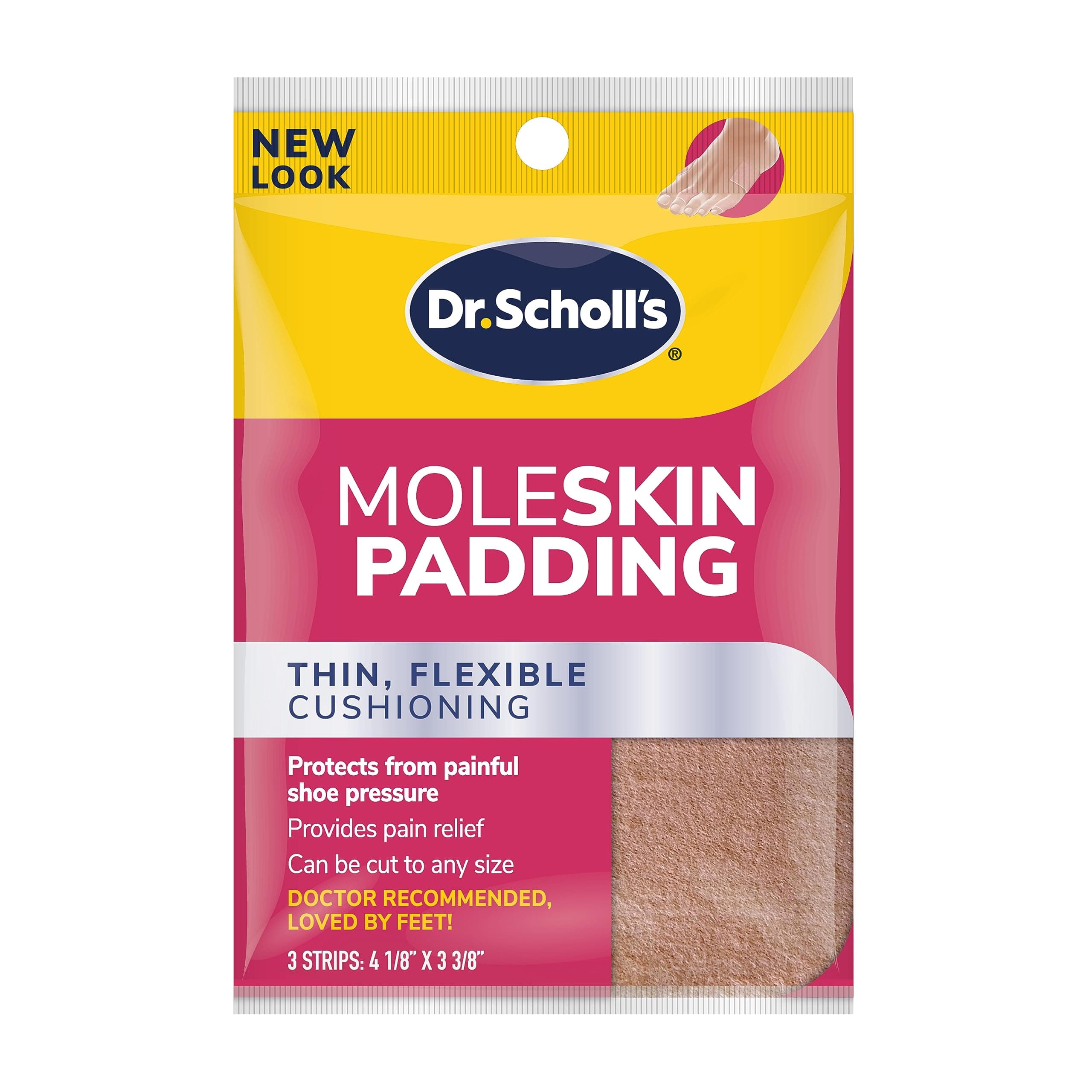 Moleskin Padding Strips, 3 Strips // Thin, Flexible Cushioning & Pain Relief - Cut to Any Size - Doctor Recommended - Strip Size 4 1/8 Inches X 3 3/8 Inches