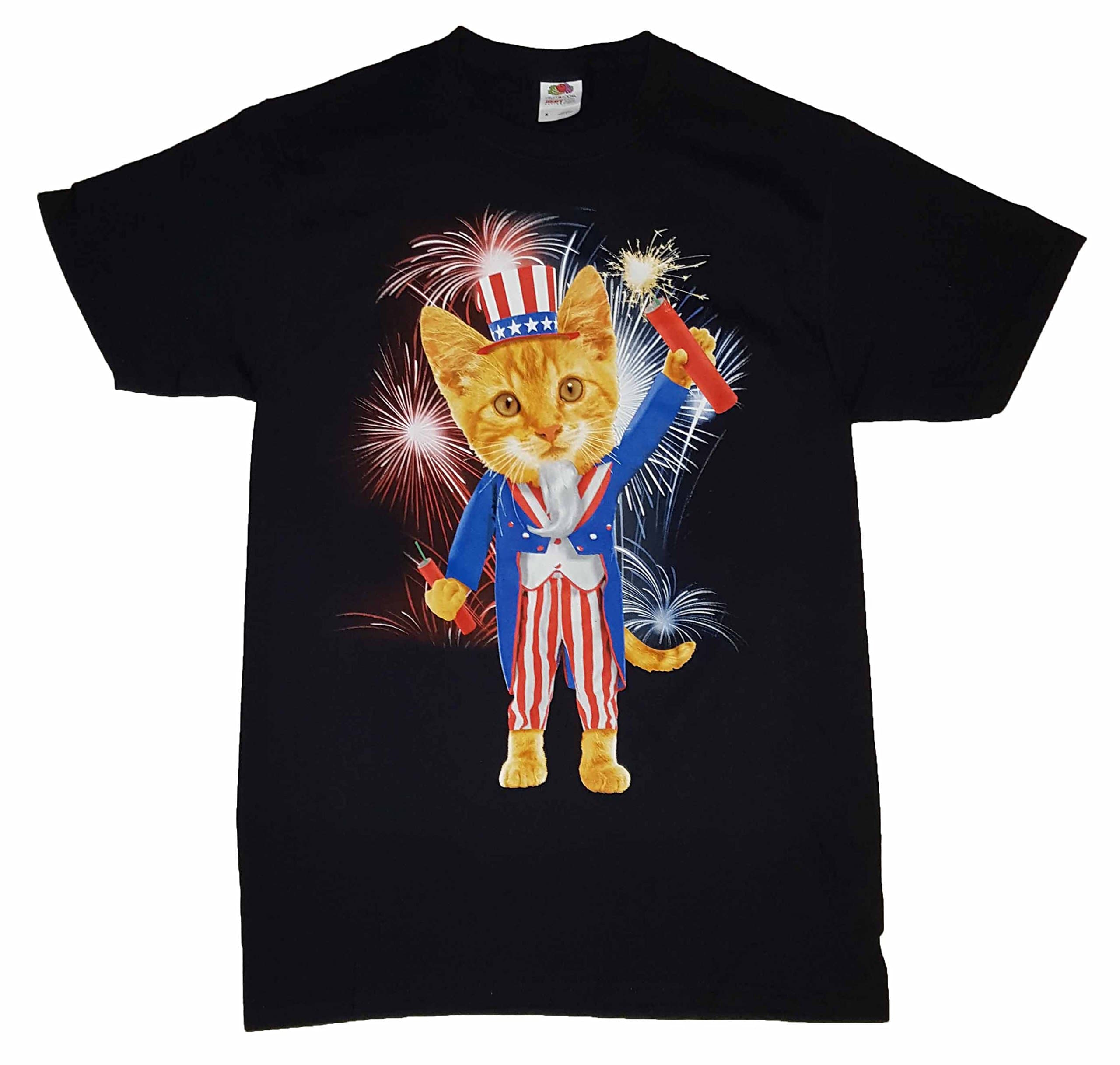 Uncle Sam Kitty Cat Fireworks Graphic T-Shirt - Large