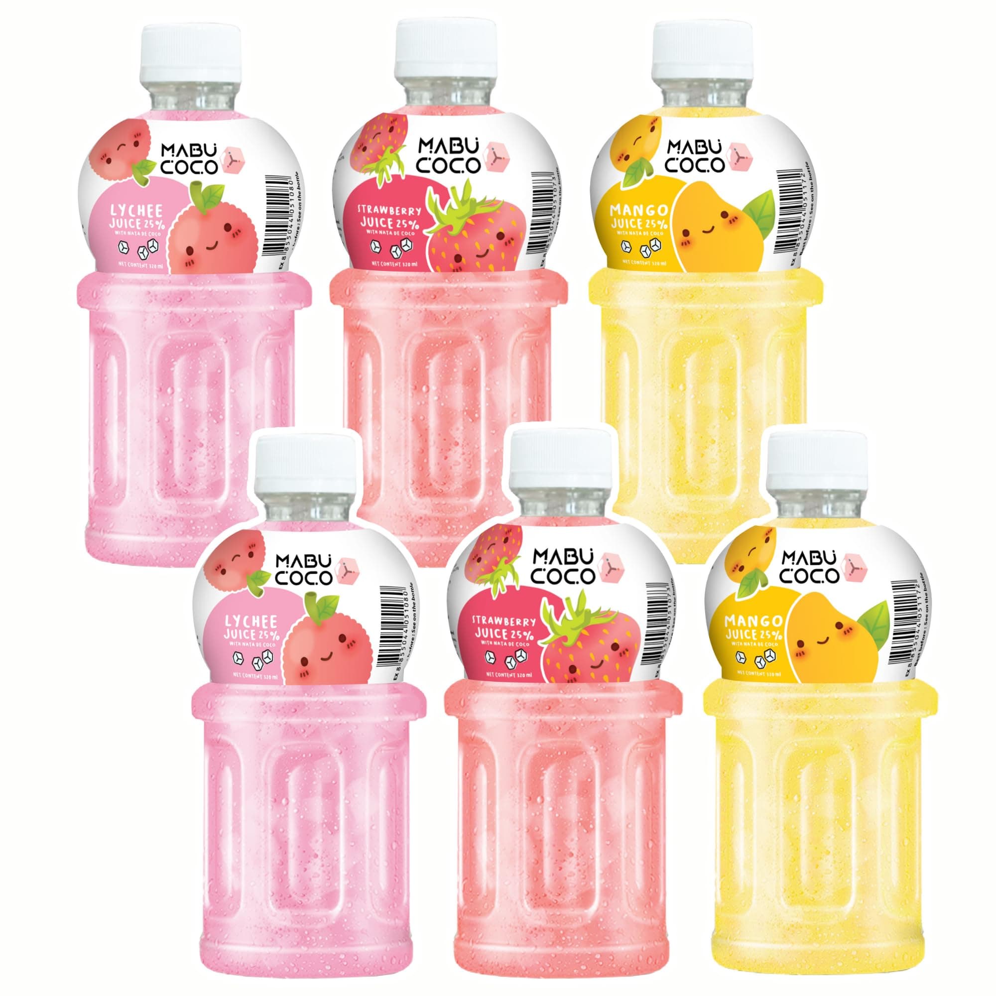 Mabu Coco Juice With 25% Nata De Coco | Refreshing Taste | Assorted Flavours: Lychee, Mango, Strawberry (From Grape Concentrate) | Pack of 6 (320ml Each)