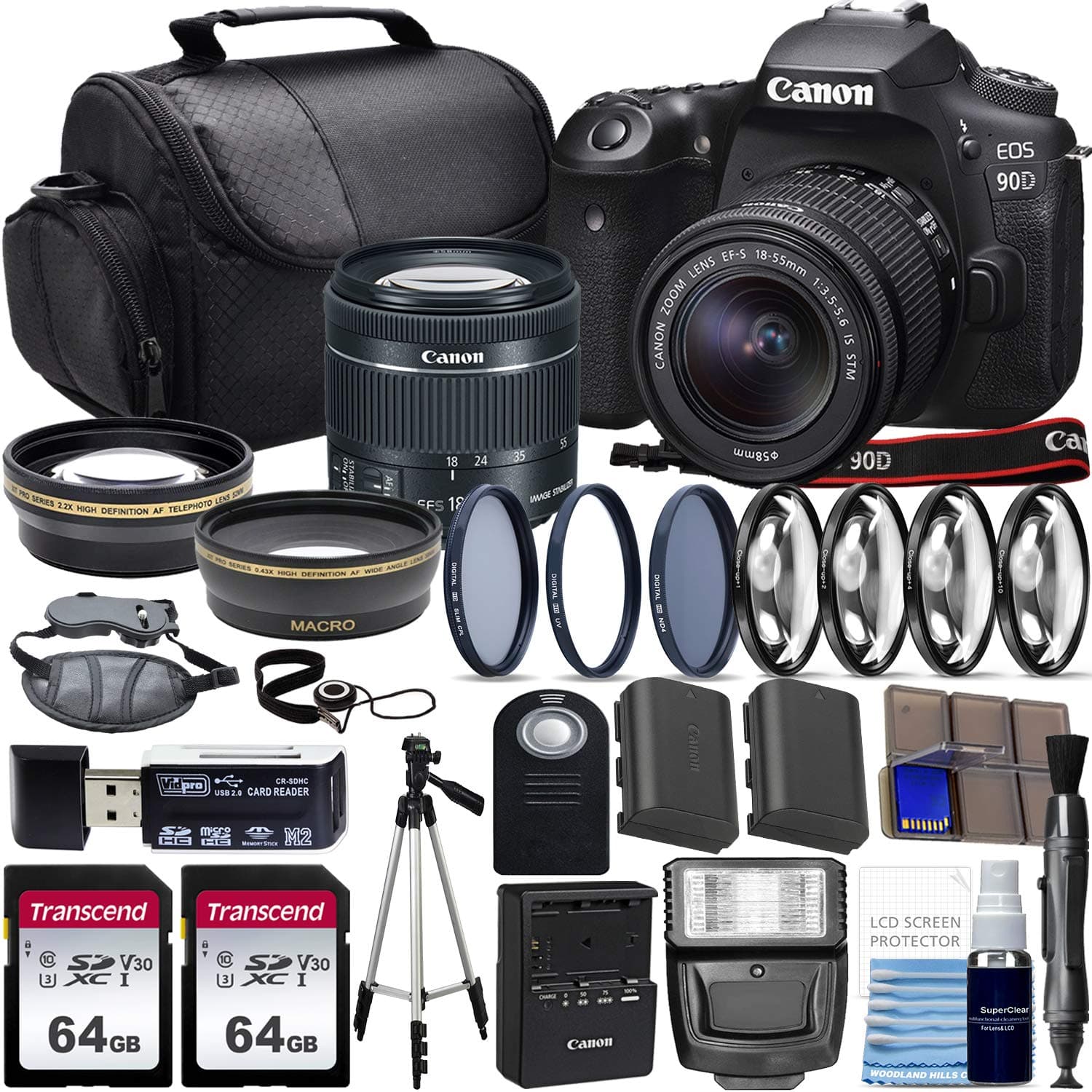 Canon EOS 90D DSLR Camera with EF-S 18-55mm STM Lens, 3 Lens Bundle, 128GB Memory, Accessories (Renewed) - Black