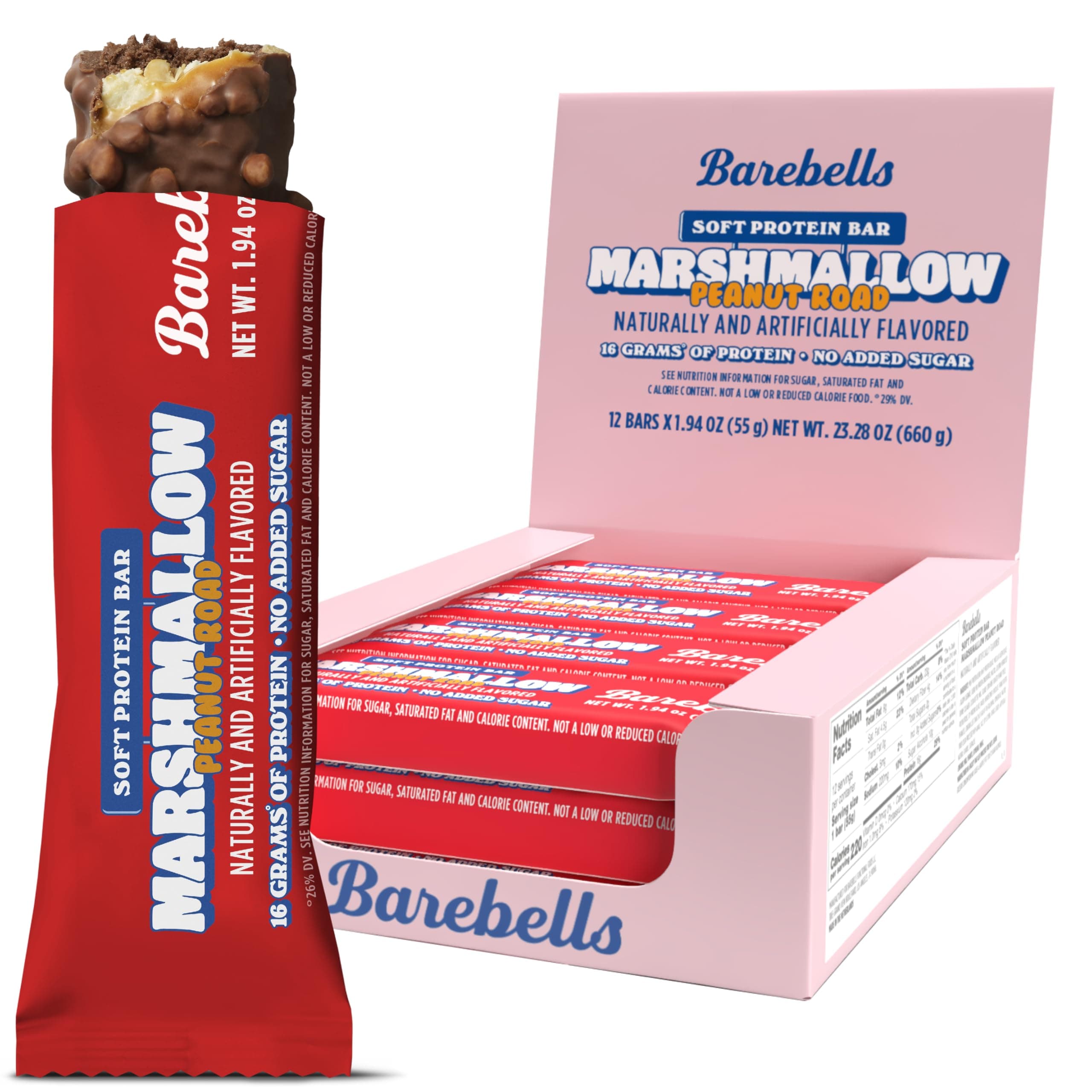 Barebells Soft Protein Bars Marshmallow Peanut Road - 12 Count, 1.9oz Bars - Nutritional Snacks with 16g of High Protein - Fluffy Chocolate Treat with 2g of Total Sugars - Breakfast Bars
