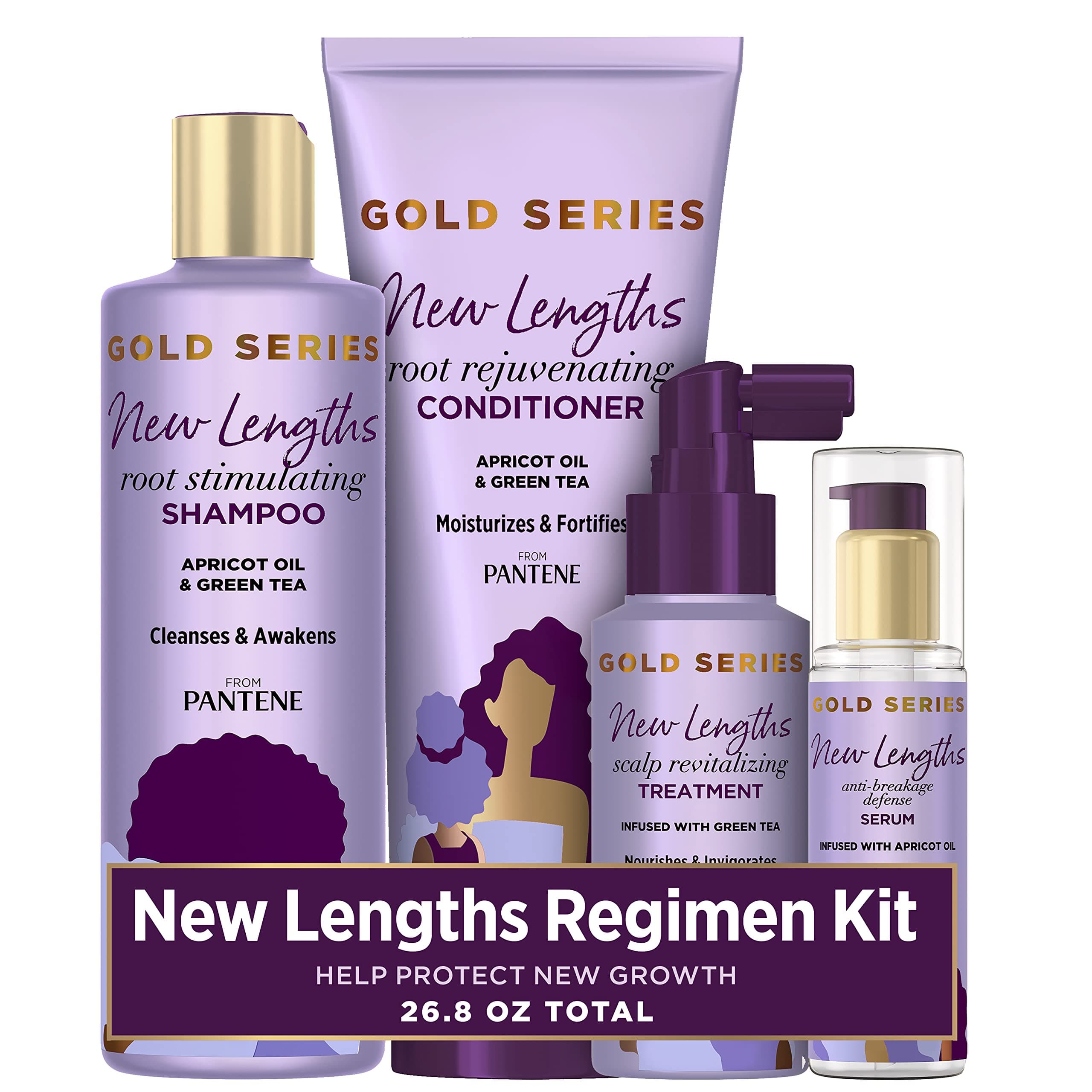New Lengths Bundle with Root Stimulating Shampoo, Rejuvenating Conditioner, Scalp Revitalizing Treatment and Anti-Breakage Serum, made with Apricot Oil and Green Tea, for Natural and CurlyHair