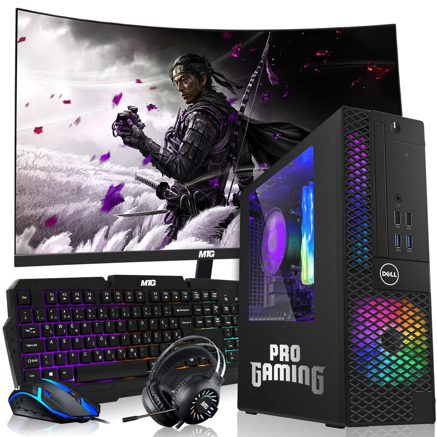 Dell OptiPlex Desktop PC – Intel Core i7, 32GB ARGB RAM, 2TB SSD, 24 Inch Curved Monitor, GT 1030 Graphics, RGB Keyboard with AI Copilot Key, Mouse & RGB Headphones, Windows 11 Home (Renewed)