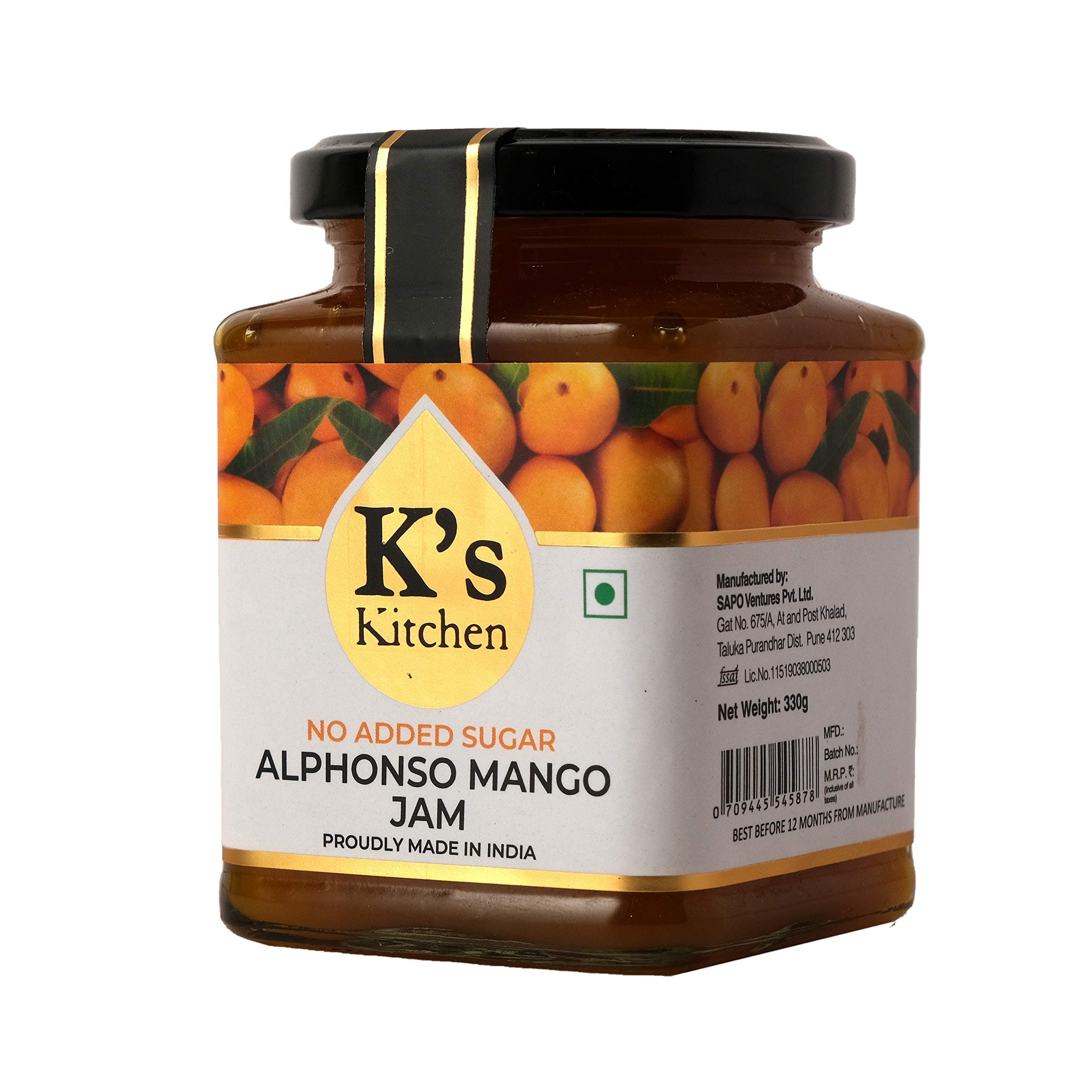 No Added Sugar Alphonso Mango Jam 330gm Loved by Karen Anand, Gluten Free, Vegan, No Artificial Colour or Flavour