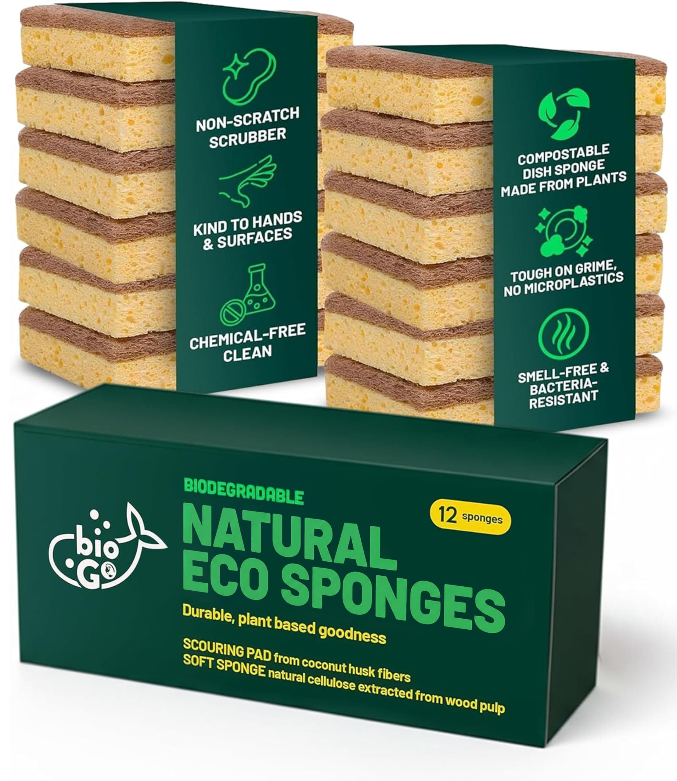 bioGo 12 Pack Biodegradable Kitchen Sponges - Eco-Friendly, Compostable, Natural Cellulose Dish Sponges - Biodegradable Sponges Washing Up - Reusable Washing Up Sponge - UK Brand