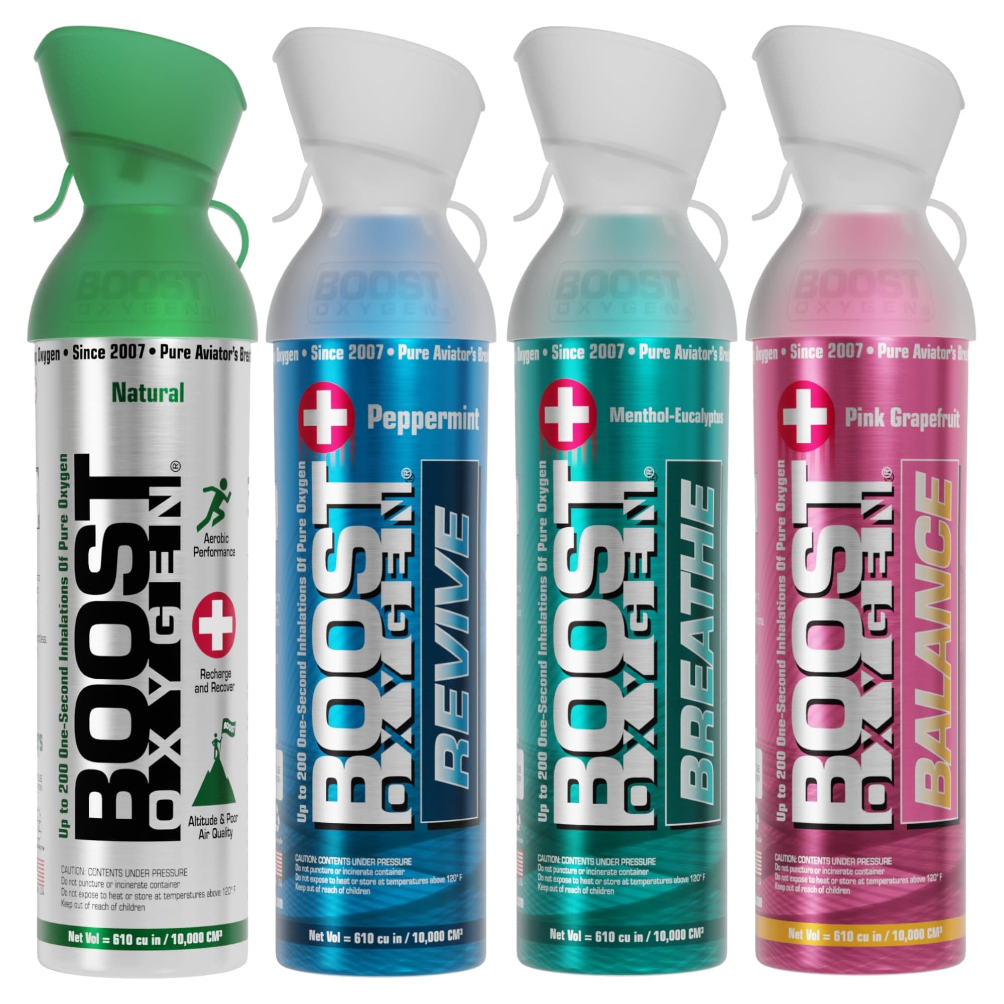- Boost Oxygen Canned Oxygen for Breathing for Home Use, Exercise, or Altitude Sickness, with Sealed Cap & Mask, 10L Canister, Multicolor, Pack of 4
