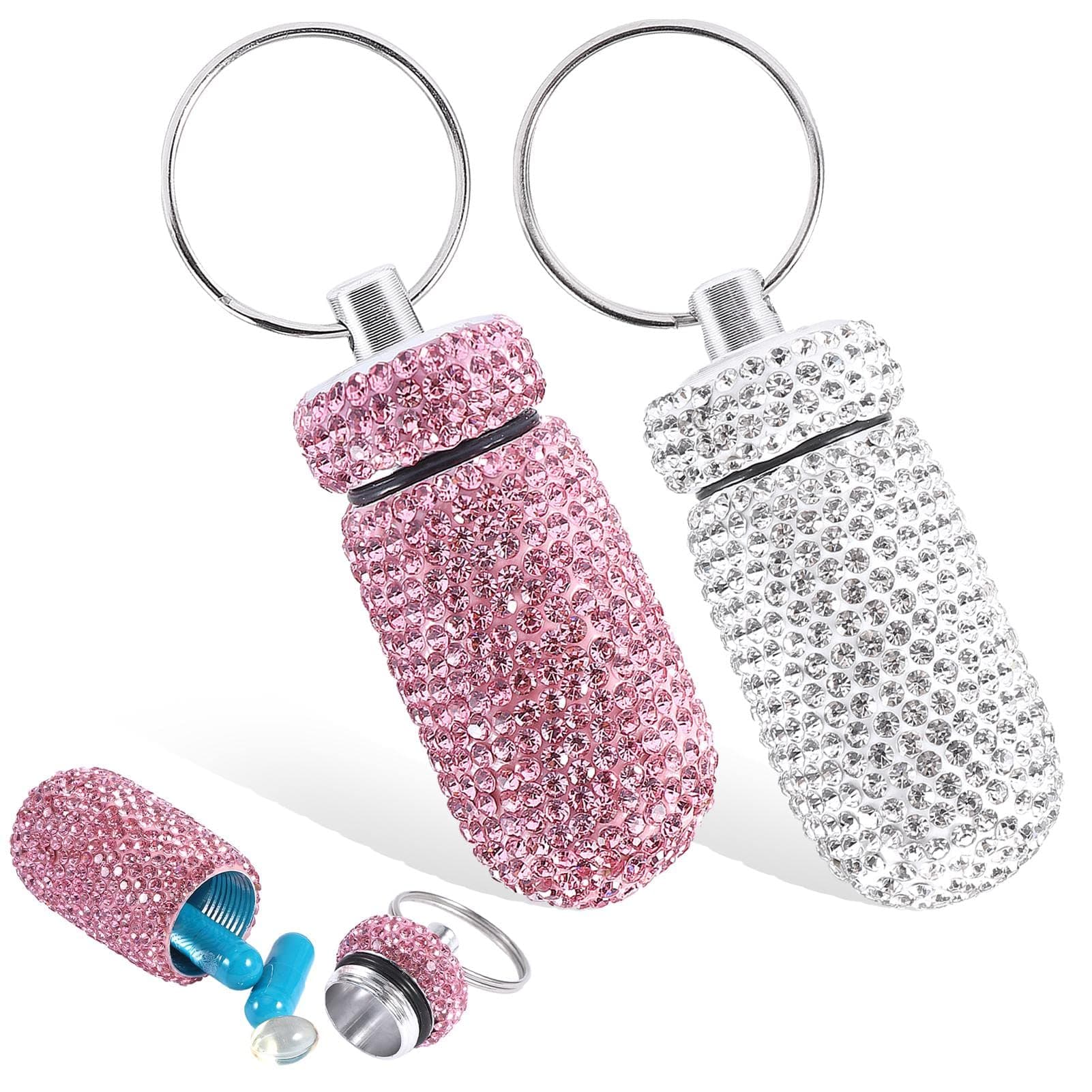 2 Pieces Bling Pill Container Pill Bottle Case Portable Diamond Keychain Pill Case Travel Pill Holder Waterproof Aluminum Pill Box Pocket Pill Storage Box for Travel(White and Pink)
