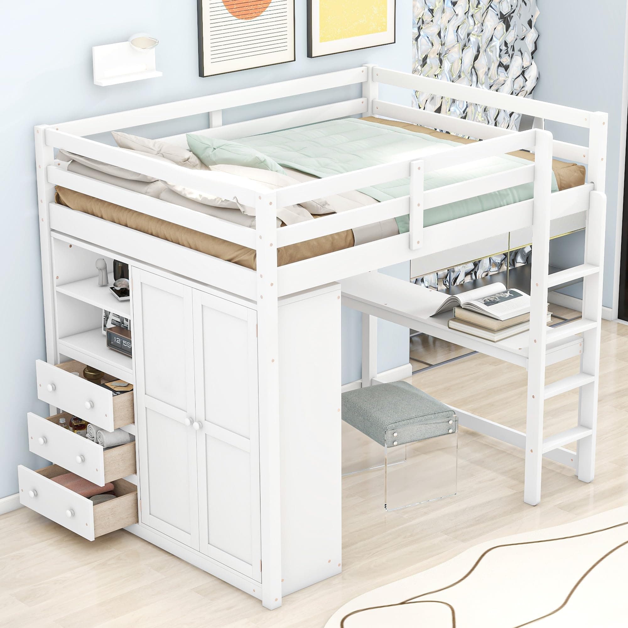 Full Loft Bed with Desk & Wardrobe, Solid Wood Loft Bed with 3 Storage Drawers and Shelves, High Loft Bed Frame with Storage Wardrobe for Kids Teens Adults, White