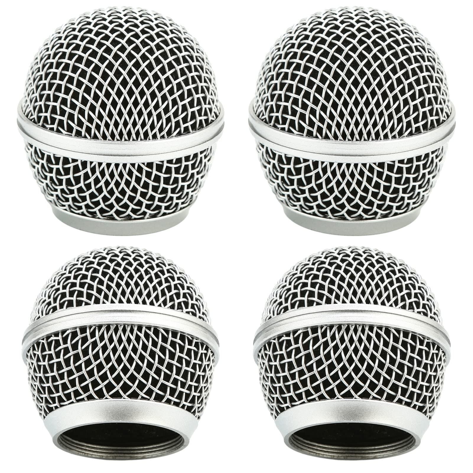 Microphone Head Replace, Grille Ball with Inner Foam, Steel Mesh Replacement Heads for Shure SM58 (4pcs), silver, (QR-119)