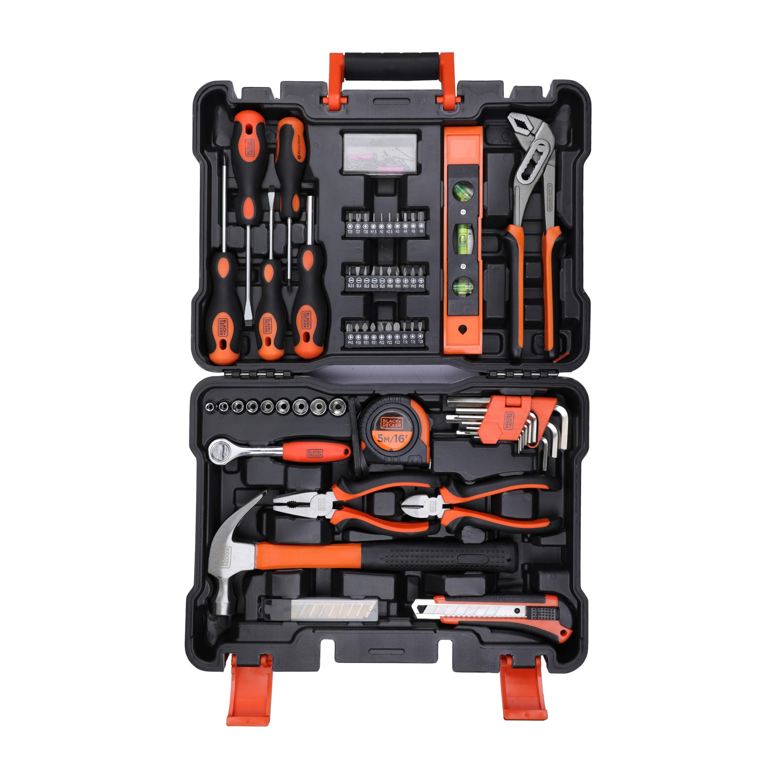 BMT154C Hand Tool Kit for Home & DIY Use (154-Piece) - Includes Screwdriver, Wrench, Ratchet, Utility Knife, Saw, Claw Hammer, Measuring Tape and Plier, ORANGE & BLACK