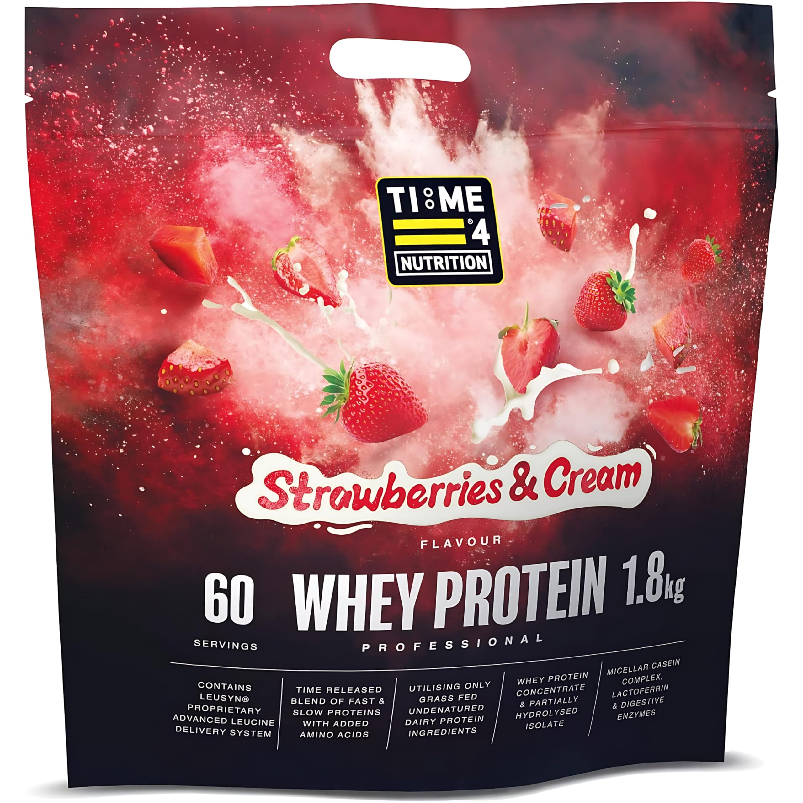 Time 4 Nutrition Whey Protein Professional Time Release Grass Fed Native Whey Protein Concentrate, Partially Hydrolysed Isolate & Micellar Casein (Strawberries & Cream, 1.8kg Bag)