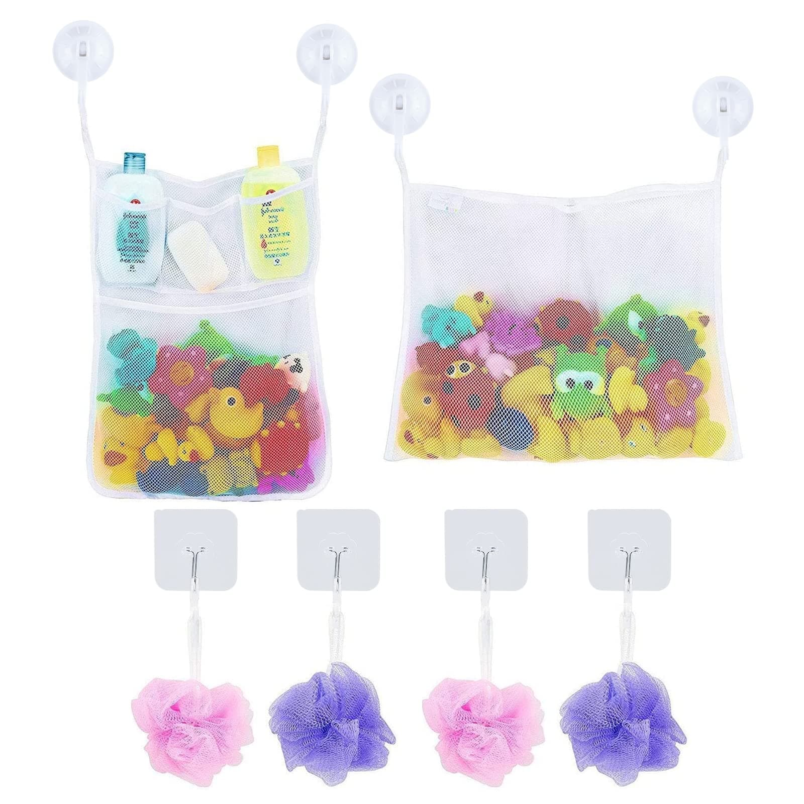 2 x Mesh Bath Toy Storage with 5 Pockets - The Perfect Net for Bathtub Toys & Bathroom Organizer - For Kids, Toddlers & Baby and Shower Caddy, Bonus of 6 Super Strong Suction Cups