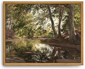 Roslynity Framed Canvas Wall Art Vintage Print Oil Paintings Rustic Landscape Country Pond Near Bernried Retro Aesthetic Artwork for Home Living Room Bedroom Bathroom Wall Decor (8"x10")