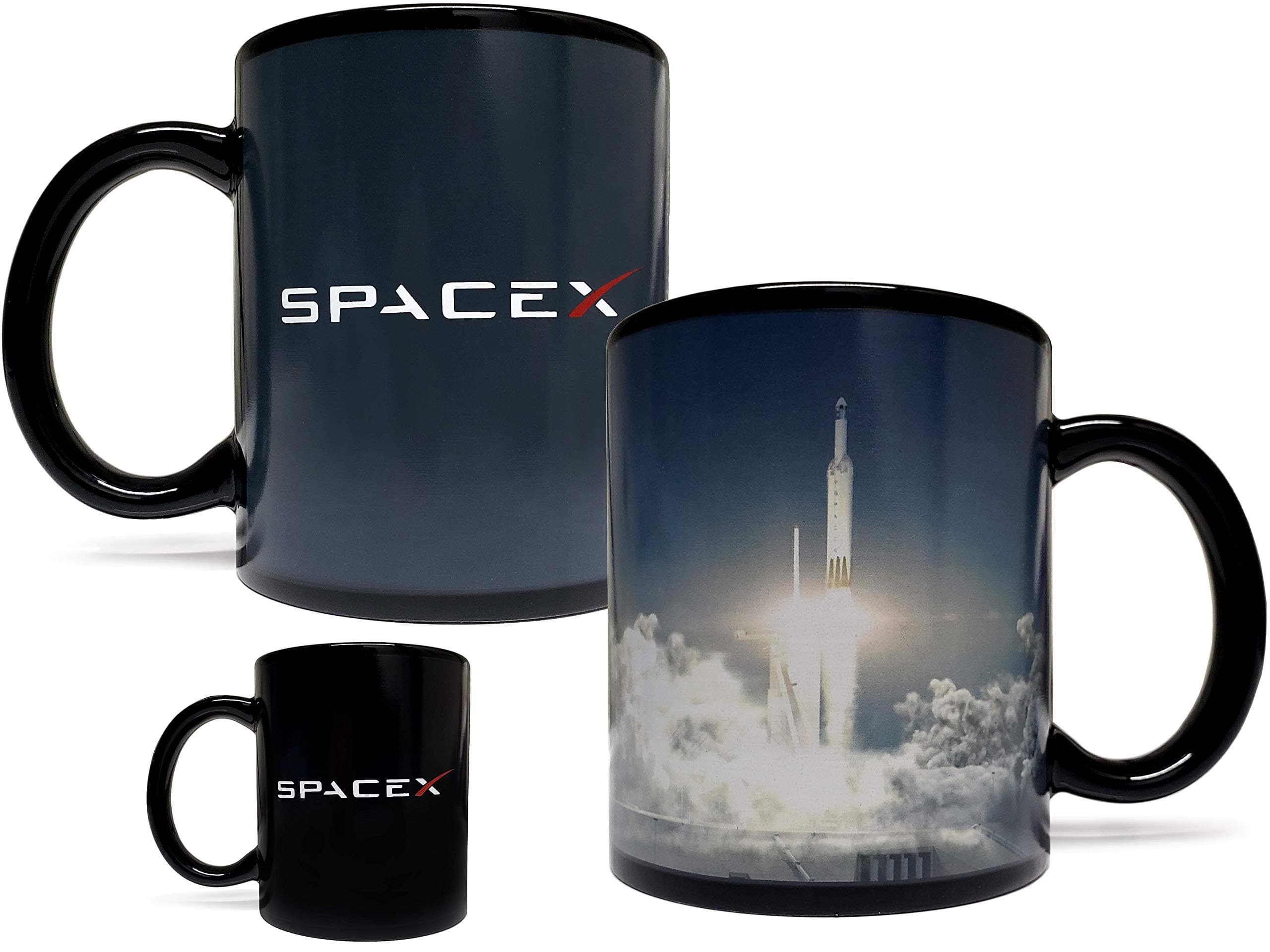 SpaceX Falcon Rocket Launch Color Changing Heat Sensitive 11 Fluid Ounce Mug - Black Ceramic - Foam Box Protection - Space/Science/NASA/Tesla/Rocket Gift