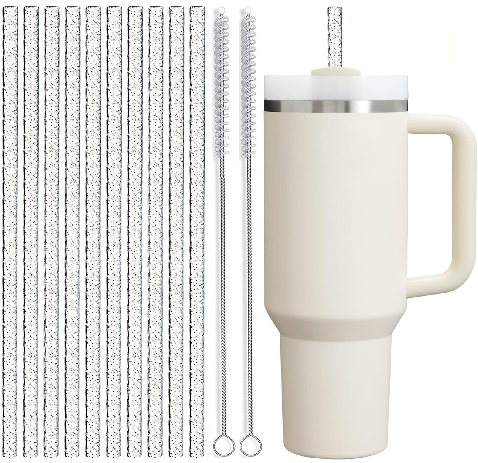 ALINK Reusable Glitter Straws for Stanley 40 oz 30 oz Tumbler, 12 in Long Hard Plastic Clear Tumbler Straws for Stanley, Owala 40 OZ Cups, Half Gallon Bottles, Pack of 10 with 2 Brush