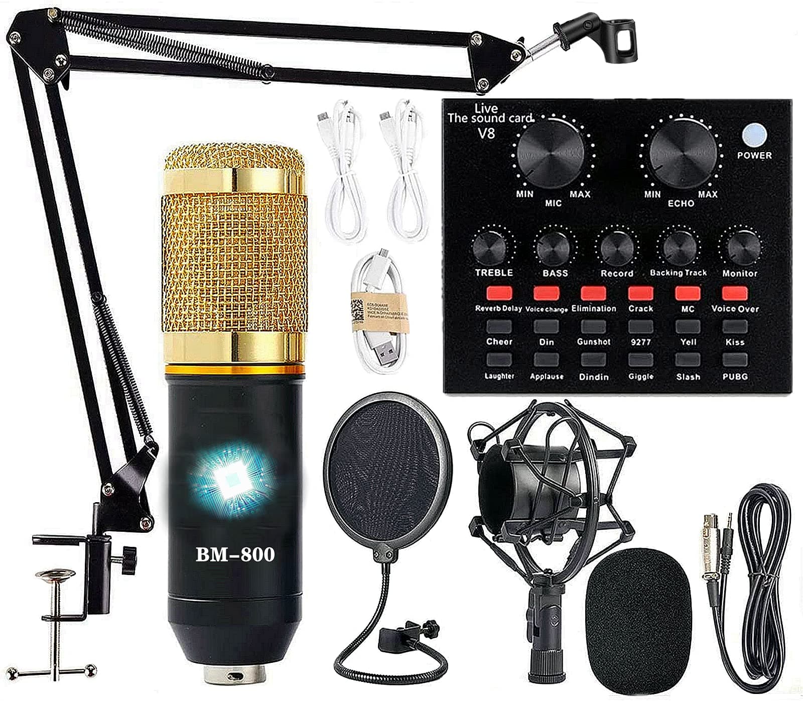 BM-800 Recording Studio Bundle with Voice Changer and Live Sound Card for Laptop Vlog, Live Stream YouTube TikTok (AM100-V8)