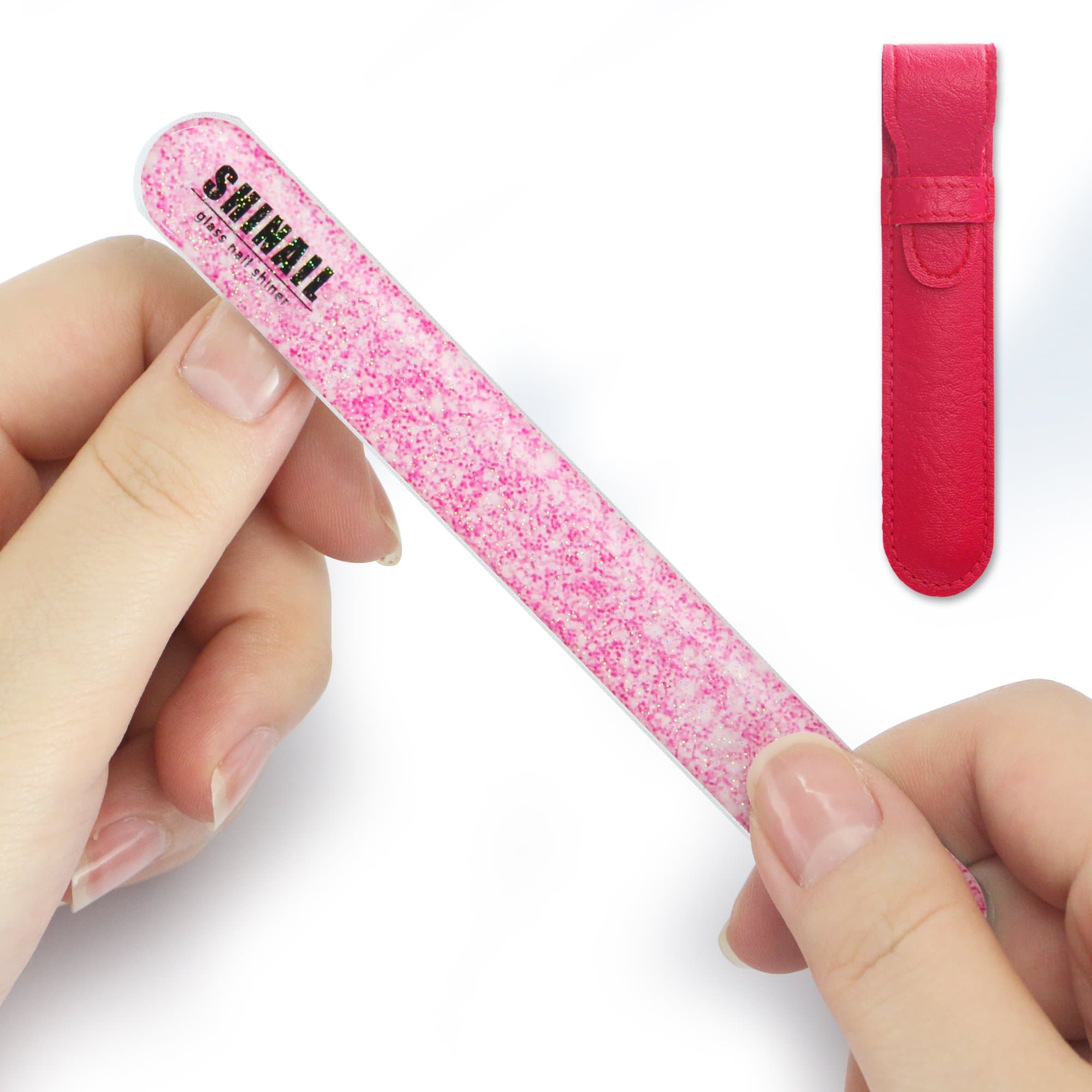 Professional Crystal Glass Nail File And Buffer with Leather Protective Pouch, Manicure Tool Valentine's Day Gift - Shiny Pink
