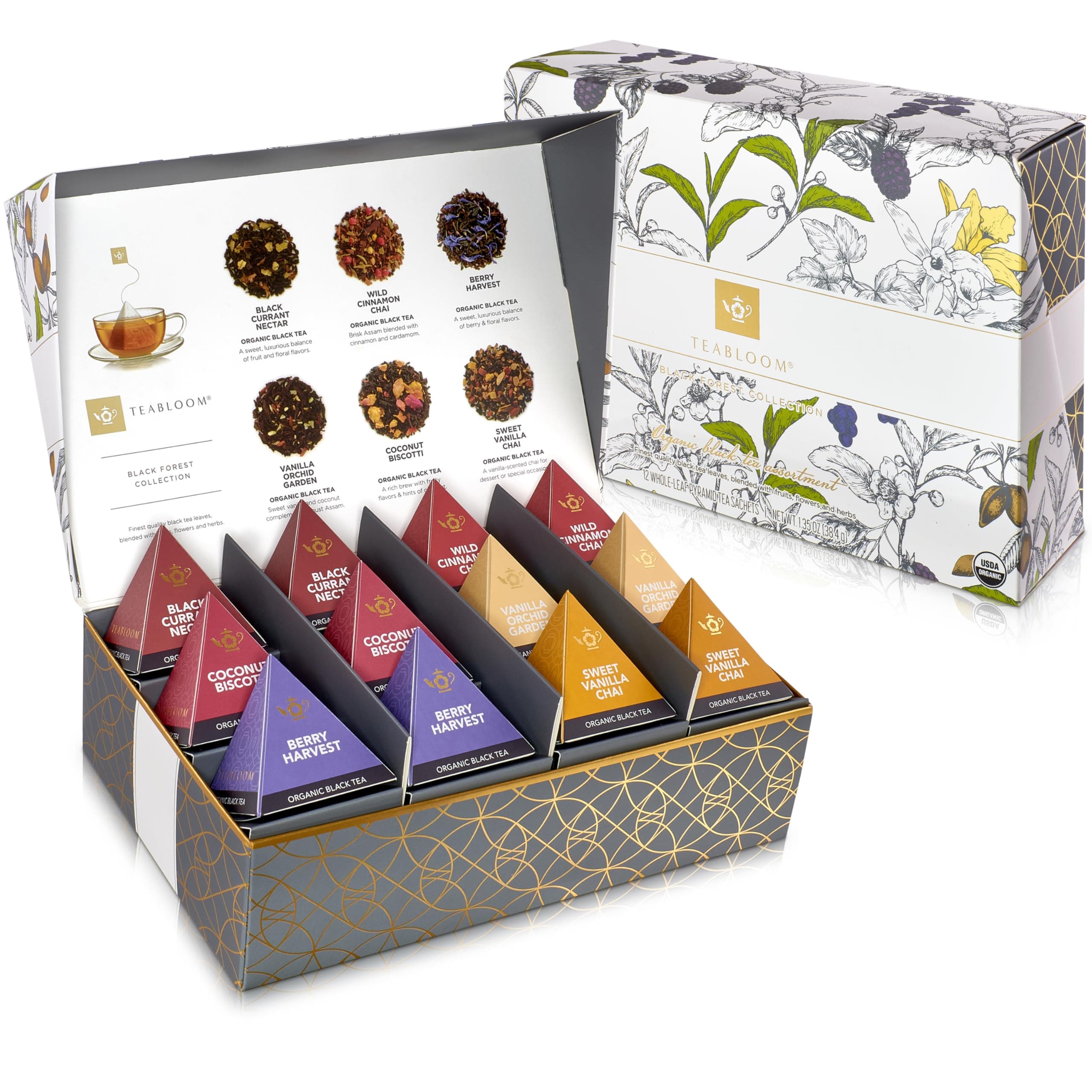 Organic Black Forest Pyramid Tea Presentation Box, 12 Assorted Black Tea Blends, USDA Certified Organic Whole-Leaf Pyramid Tea Sachets