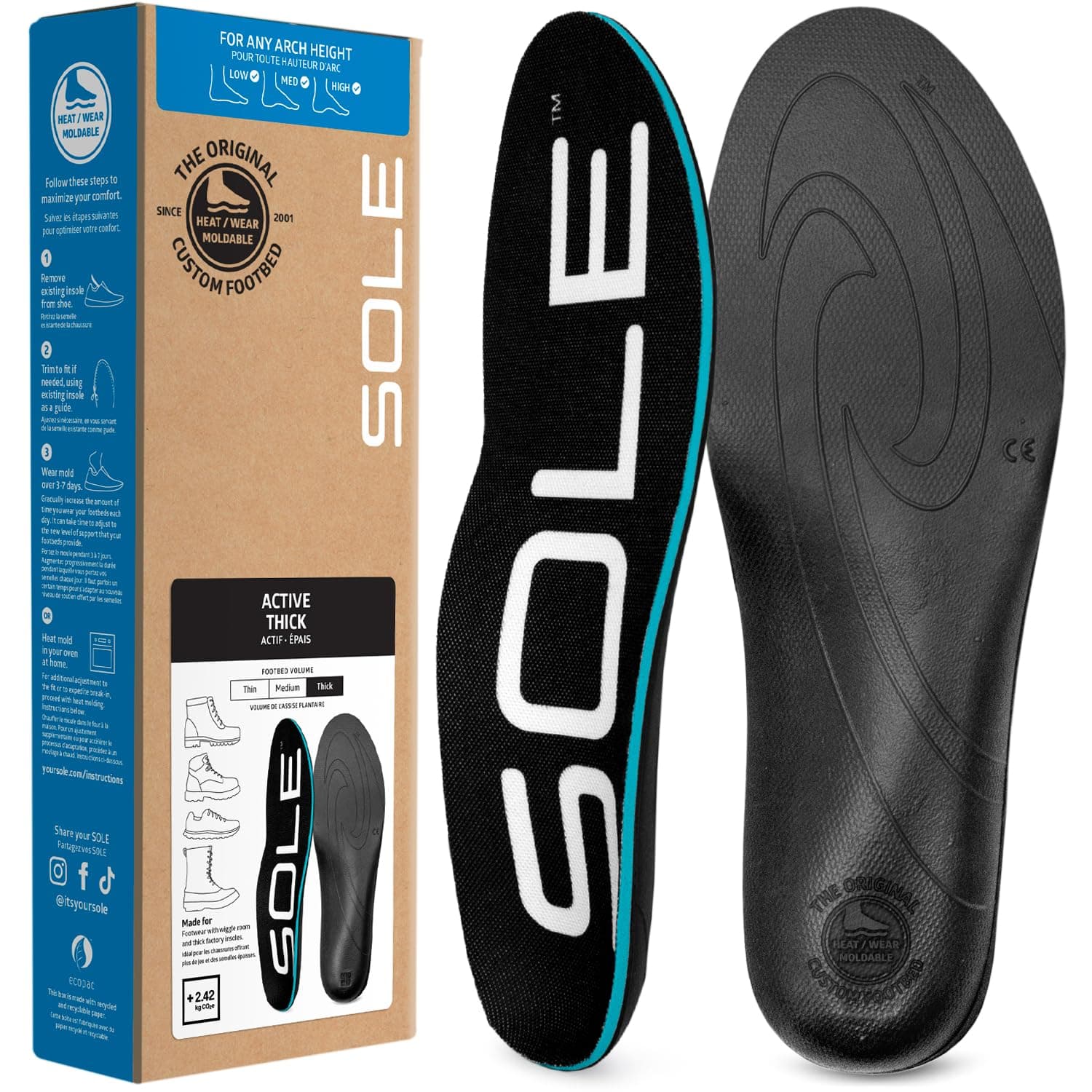 SOLE Active Thick Insoles - Custom Moldable Orthotic Support for Any Arch Type, Plantar Fasciitis Relief - Multiple Sizes