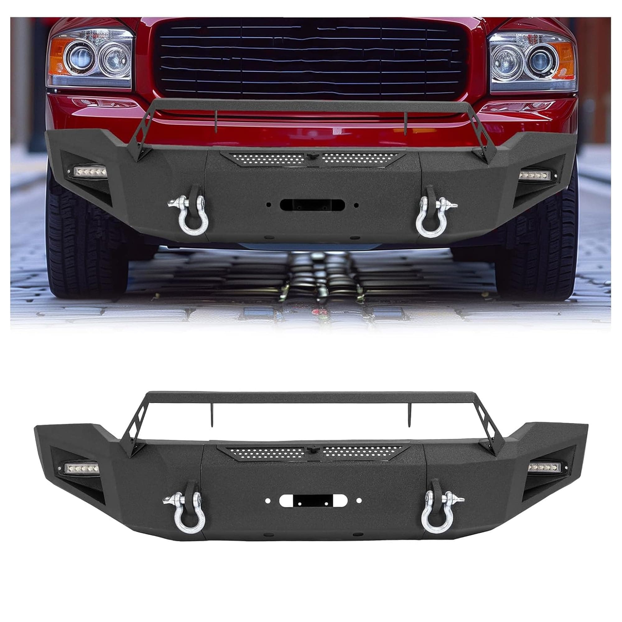 KUAFU Front Bumper Assembly Compatible with 2006 2007 2008 Dodge Ram 1500 w/2x18w LED Light, 3/4" D-rings, 12,000lbs Winch Plate Steel Powder Coated Black Three Pieces 2Packages