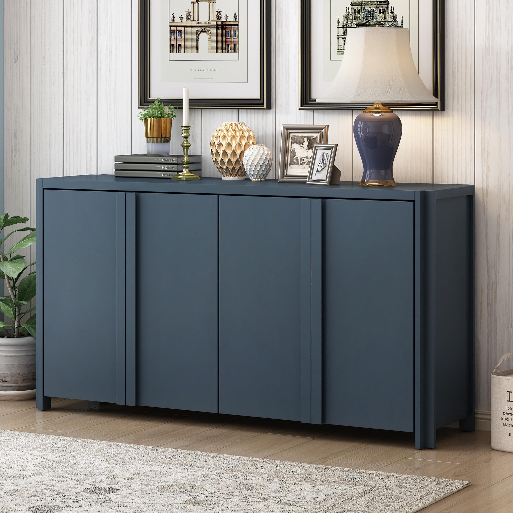 Storage Cabinet Sideboard with 4 Doors, Wood Sideboard with Adjustable Shelves, Buffet Cabinet for Living Room Entrance Study Room, Navy Blue