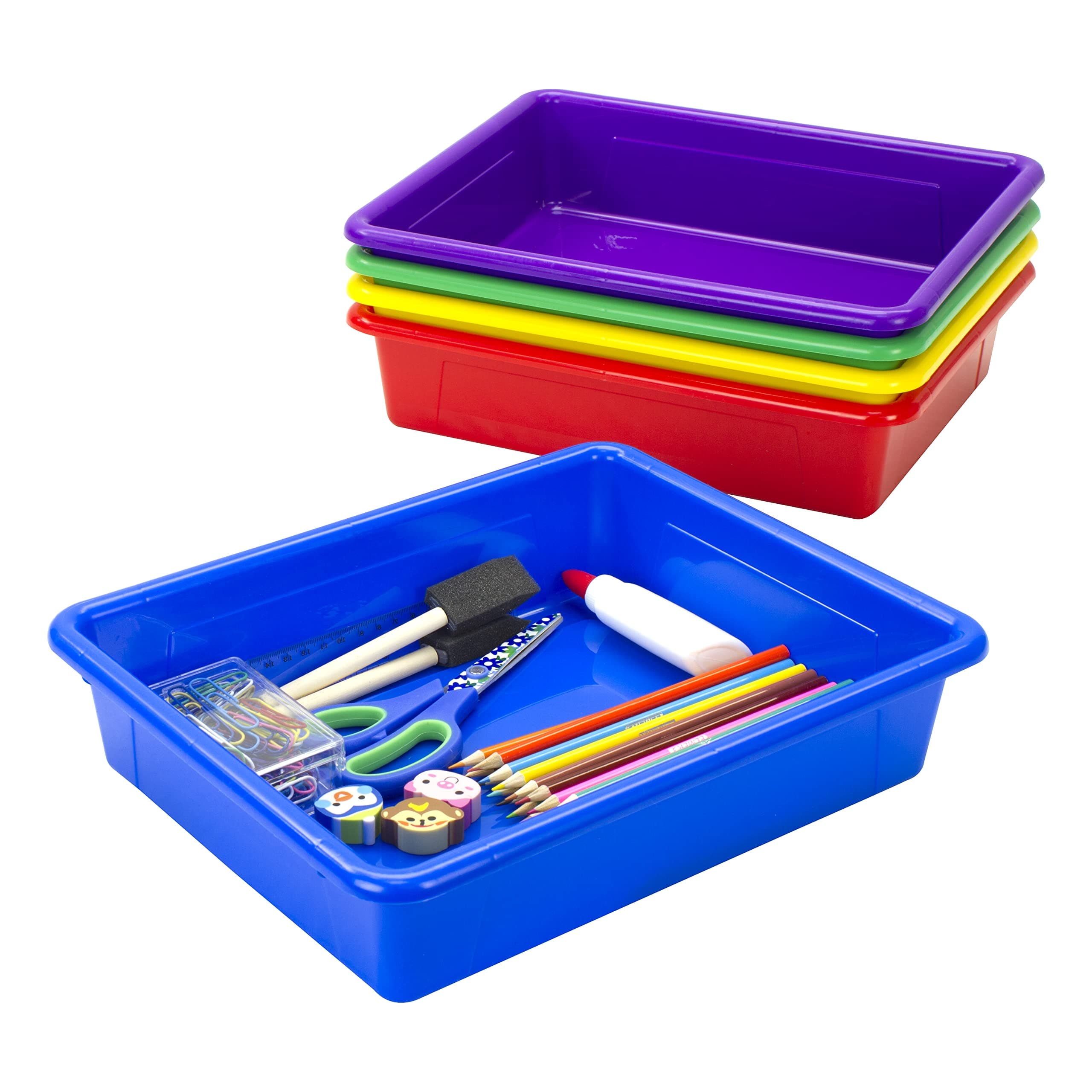 Storex Letter Size Flat Storage Tray – Organizer Bin for Classroom, Office and Home, Assorted Colors, 5-Pack (62514E05C)