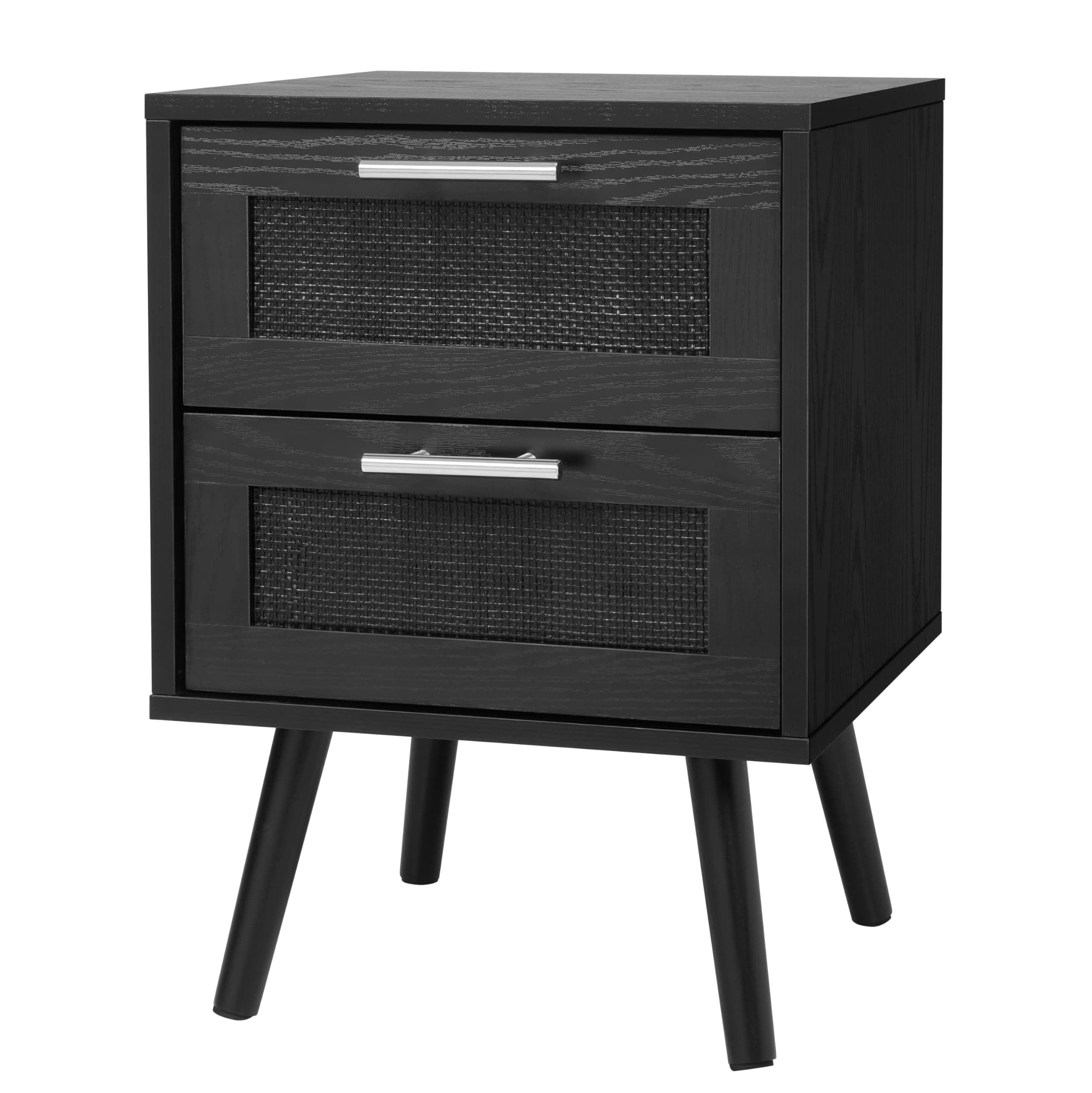Finnhomy Nightstand, End Table, Side Table with 2 Hand Made Rattan Decorated Drawers, Wood Accent Table with Storage for Bedroom, Full Black
