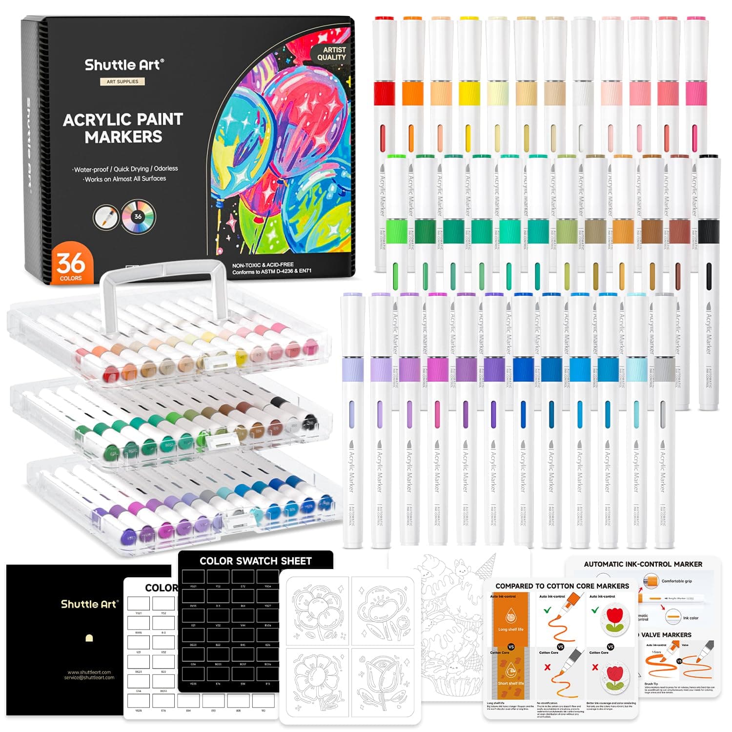 Automatic Ink Control Acrylic Paint Markers, 36 Colors Brush Tip Acrylic Paint Pens for Rock Painting, Ceramic, Wood, Canvas, Glass, Stone, Fabric, Card Making, DIY Supplies, FlipFunAlong