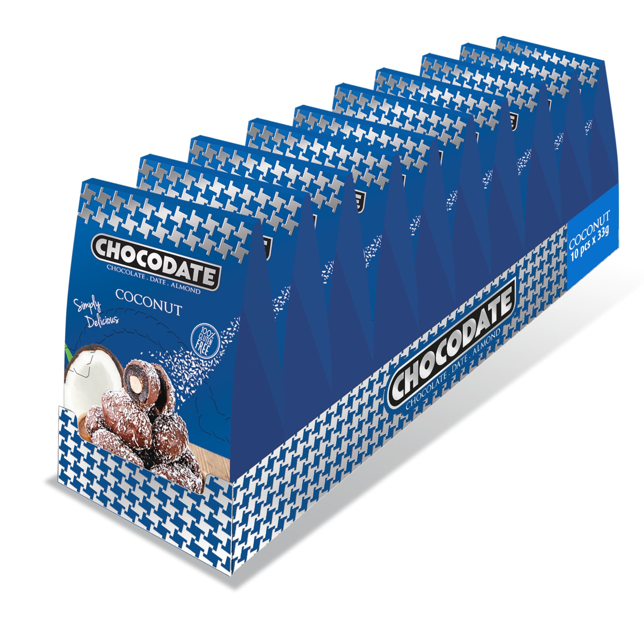 Chocodate Coconut and Chocolate Coated Dates with Roasted Almonds, Bite Size Snack, Gluten-Free - 33g x 10