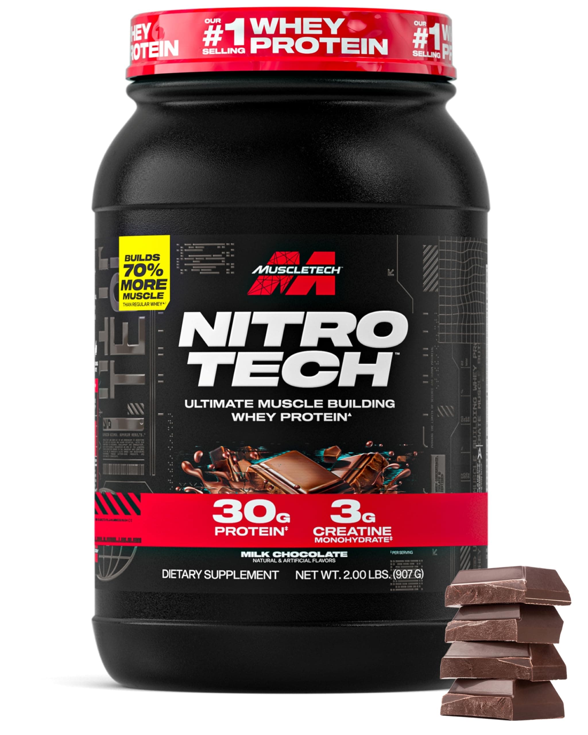 Whey Protein Powder (Milk Chocolate, 2 Pound) - Nitro-Tech Ultimate Muscle Building Formula with Whey Protein Isolate - 30g of Protein, 3g of Creatine & 6.8g of BCAA - Packaging May Vary
