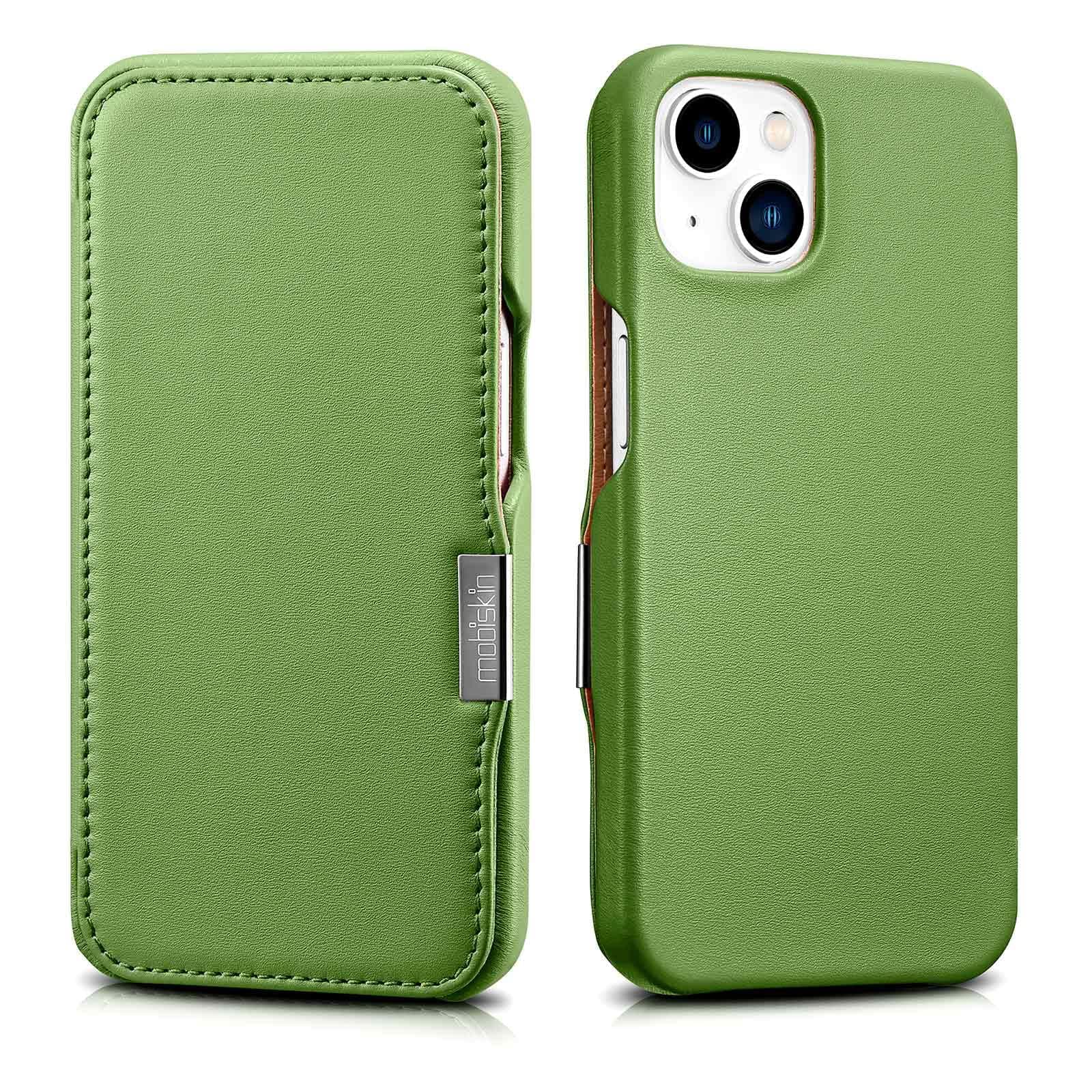Mobiskin case compatible with Apple iPhone 13 (6.1 inch), cover with genuine leather, book-style protective phone case, ultra-slim folio, thin wallet, green